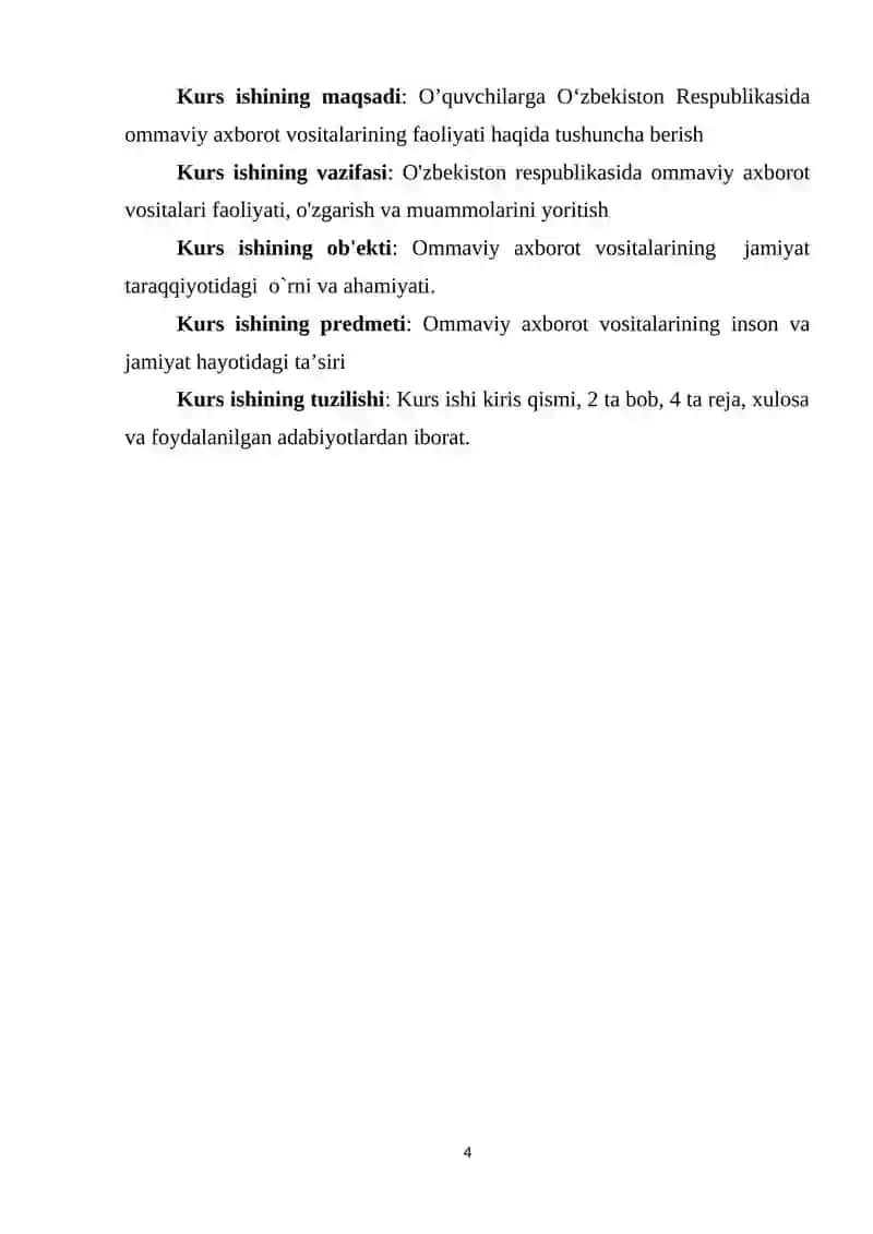 O‘zbekiston Respublikasida Ommaviy Axborot Vositalarining Faoliyati (O‘zgarish va muammolar) Kurs Ishi 4