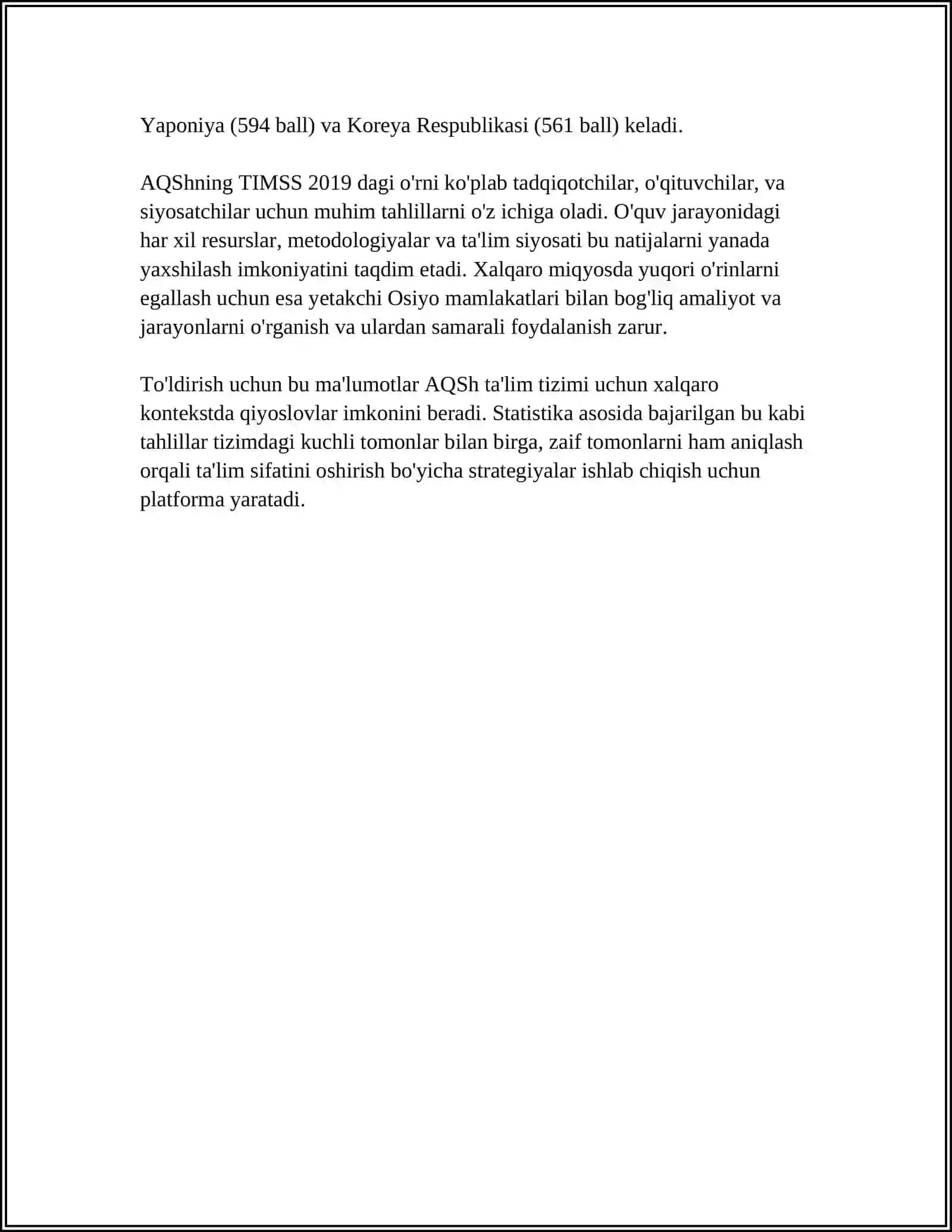 TIMSS 2019-YILDA AQSH NI TUTGAN OʻRNI 4