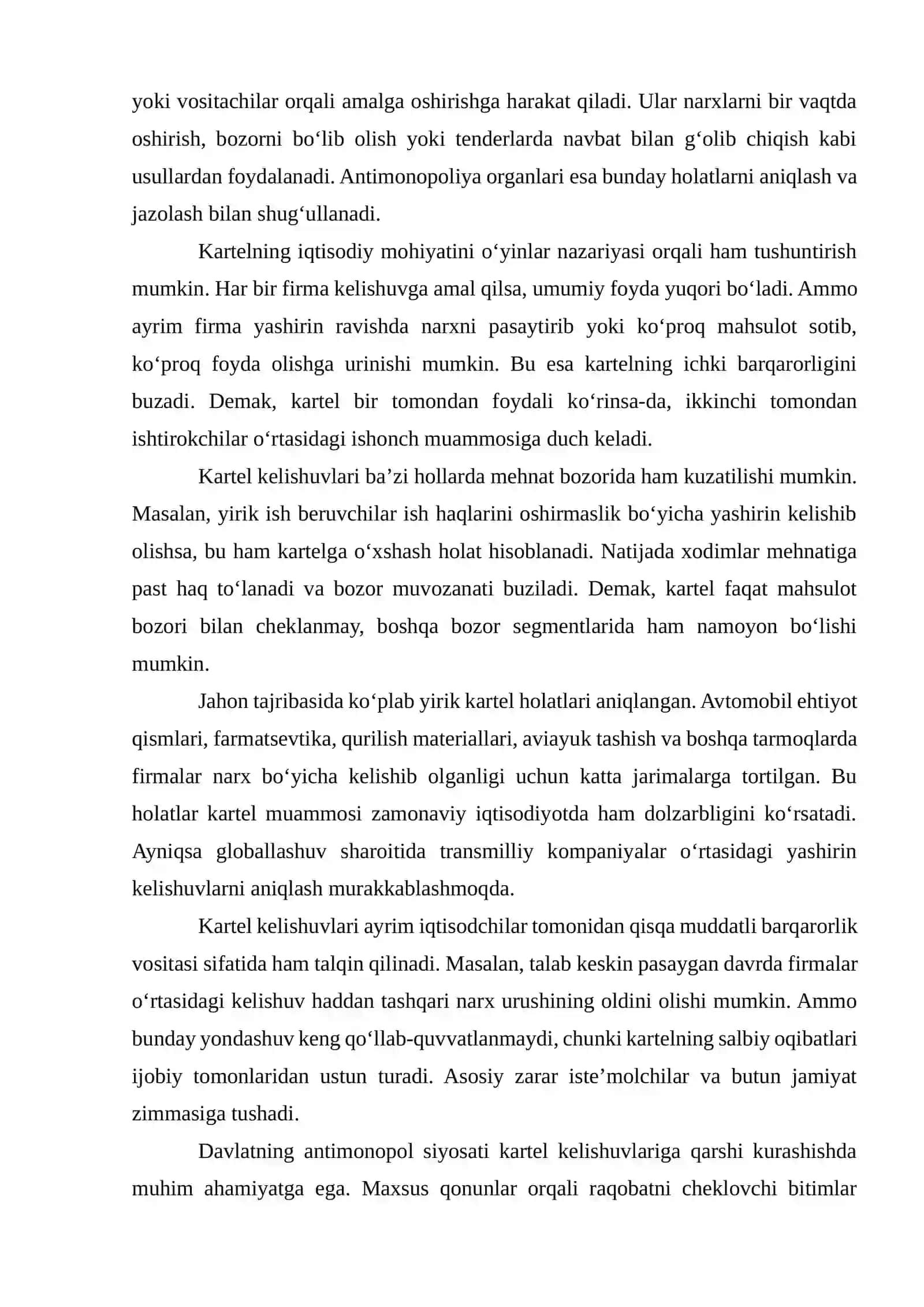 Kartel kelishuvlari va ularning barqarorlik shartlari 4