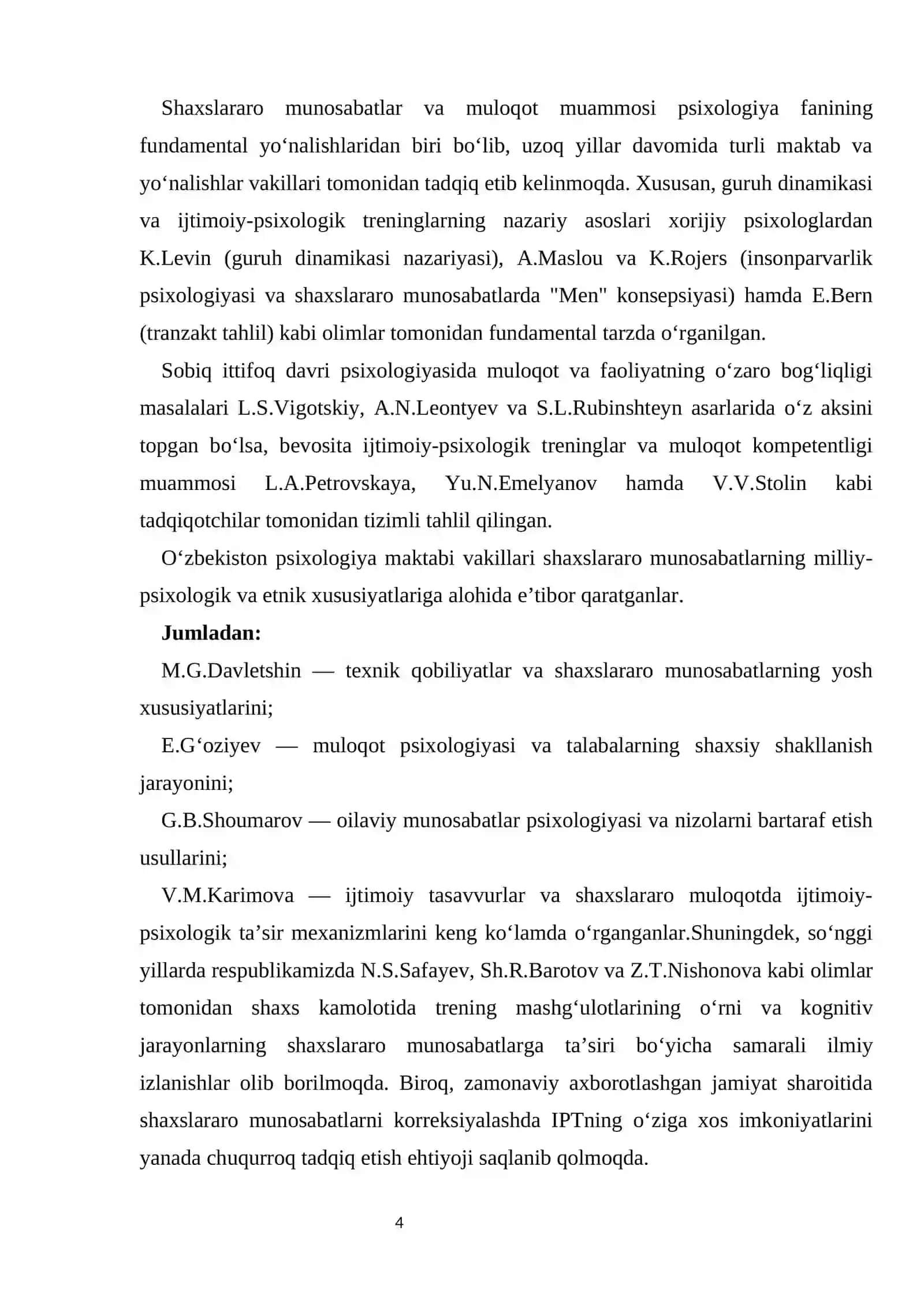 SHAXSLARARO MUNOSABATLARDA IJTIMOIY-PSIXOLOGIK TRENINGLAR KURS ISHI 4
