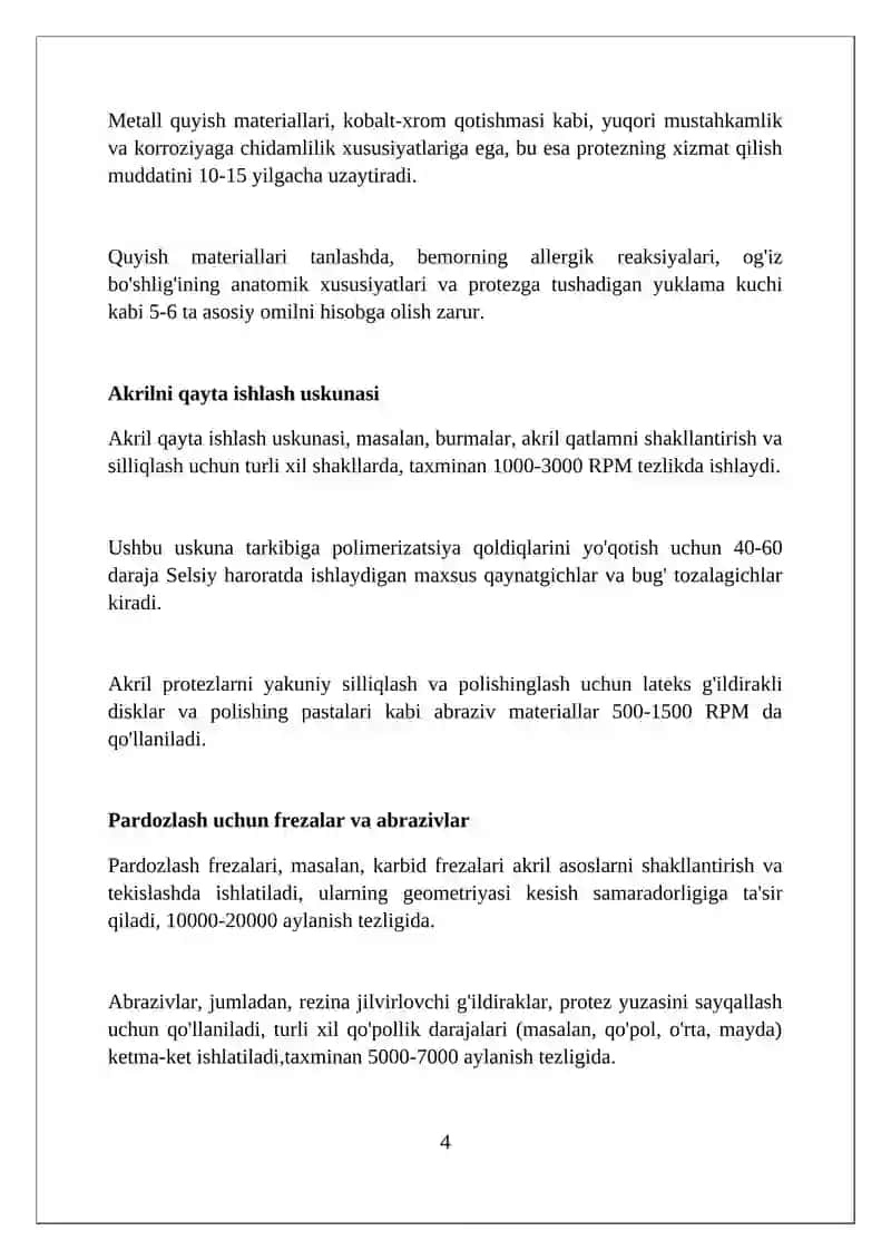 Olinadigan tish protezlarini pardozlashda ishlatiladigan maxsulotlar va asboblar 4