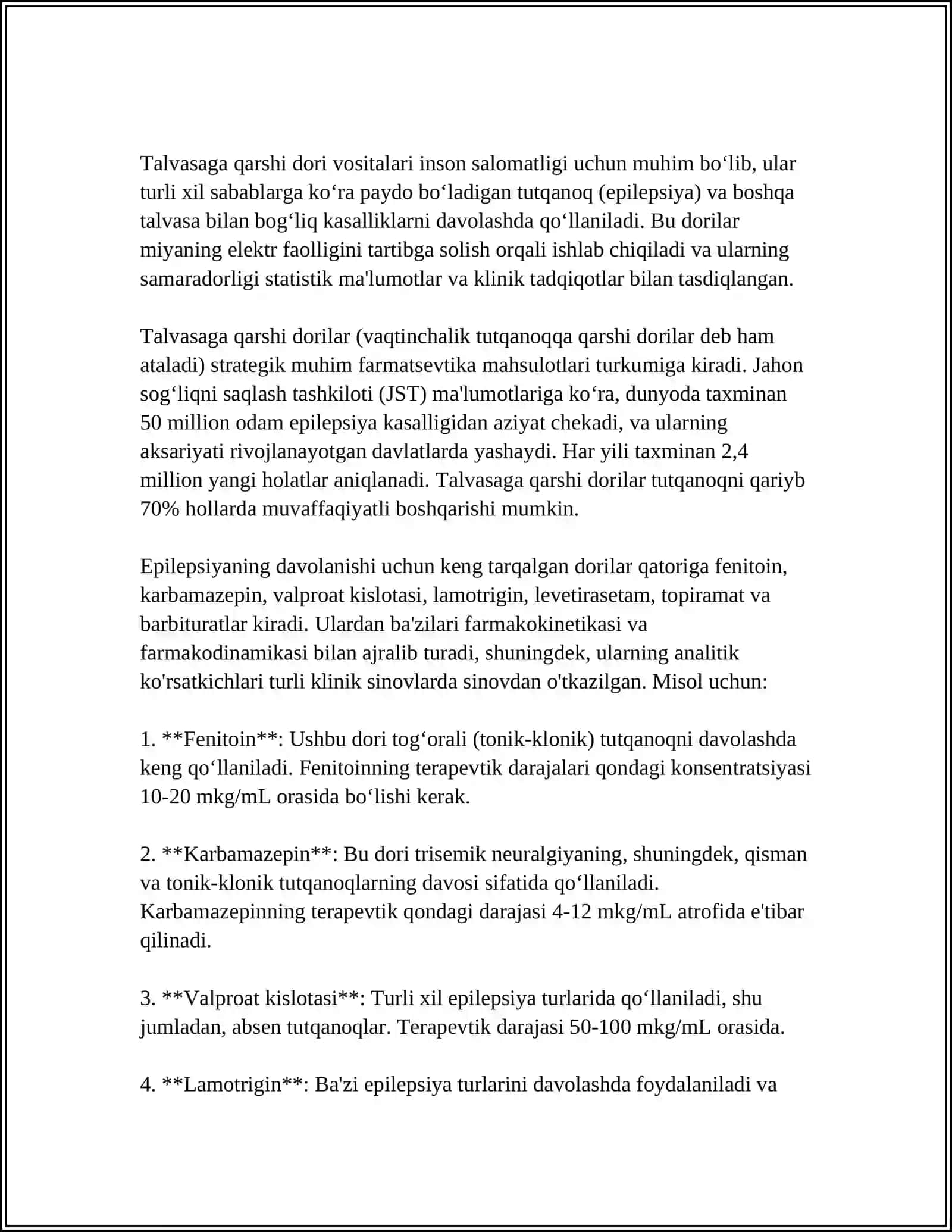 UXLATADIGAN DORI VOSITALAR, TALVASA TUTQANOQ VA PARKENSANIZIMGA QARSHI DORI VOSITALAR 4