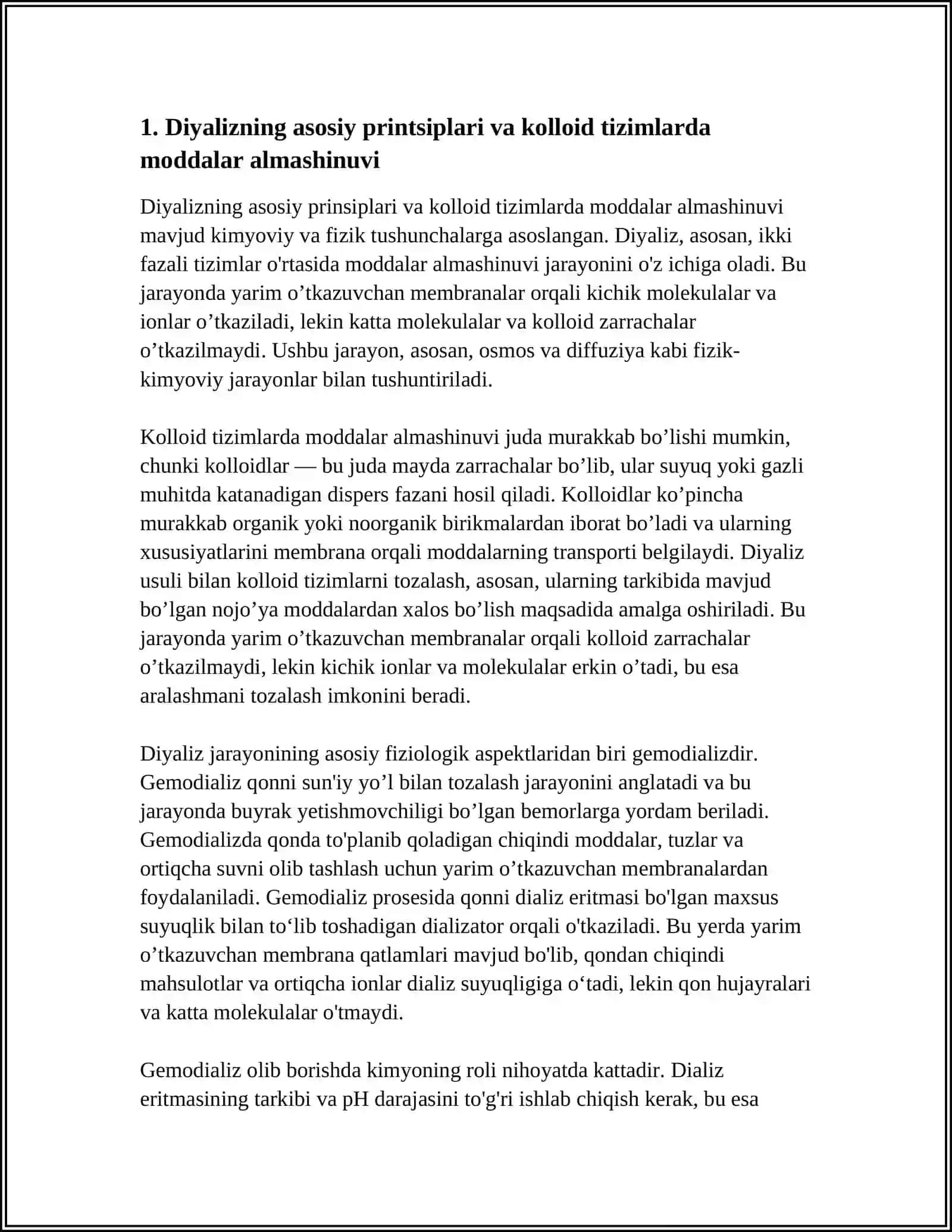 KOLLOID SISTEMALARNI DIYALIZ YÔLI BILAN TOZALASH.GEMODIALIZNI ÔTKAZISHDA KIMYONING AHAMIYATI 4
