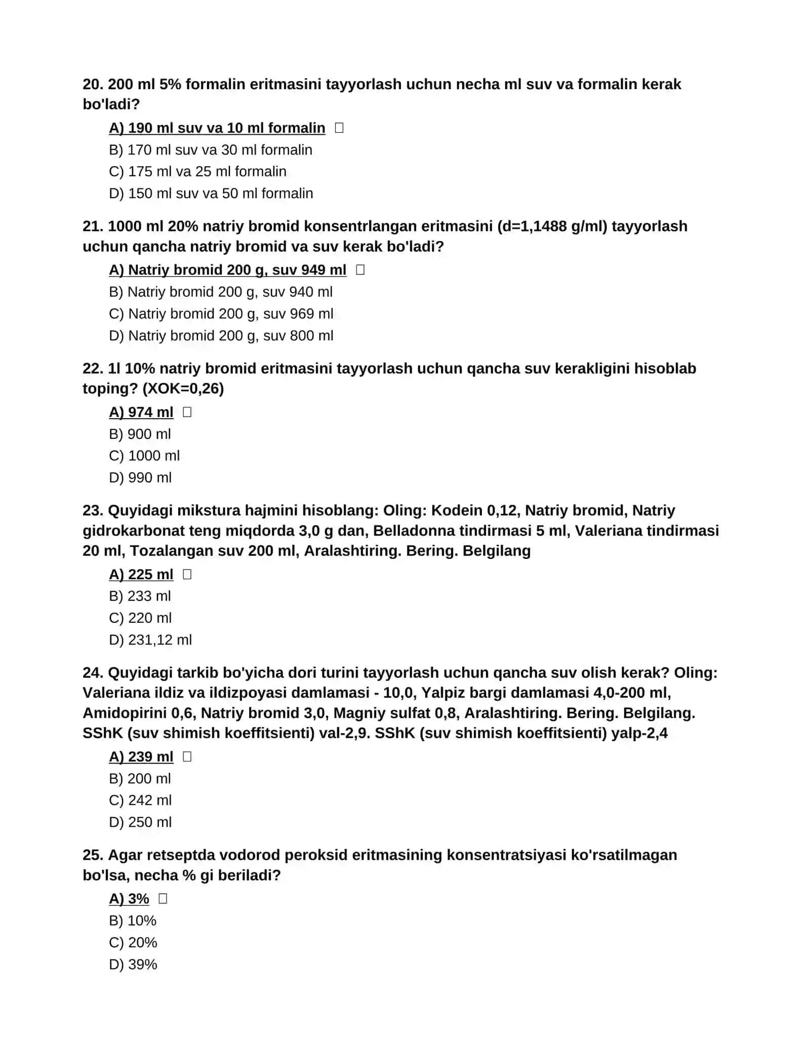 Farmatsiya Mutaxassisligi Bo‘yicha  Imtihoni Test Savollari (1-497) 4