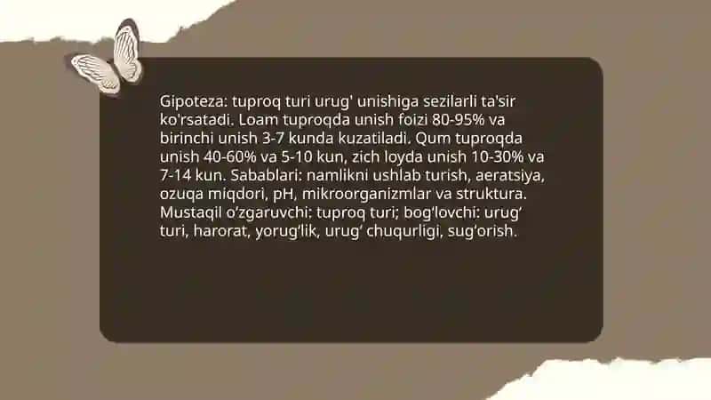 Uruĝlarning turli tuproqlarda unishini tajribada kuzatish va natijalarni jadvalga kiritish 4