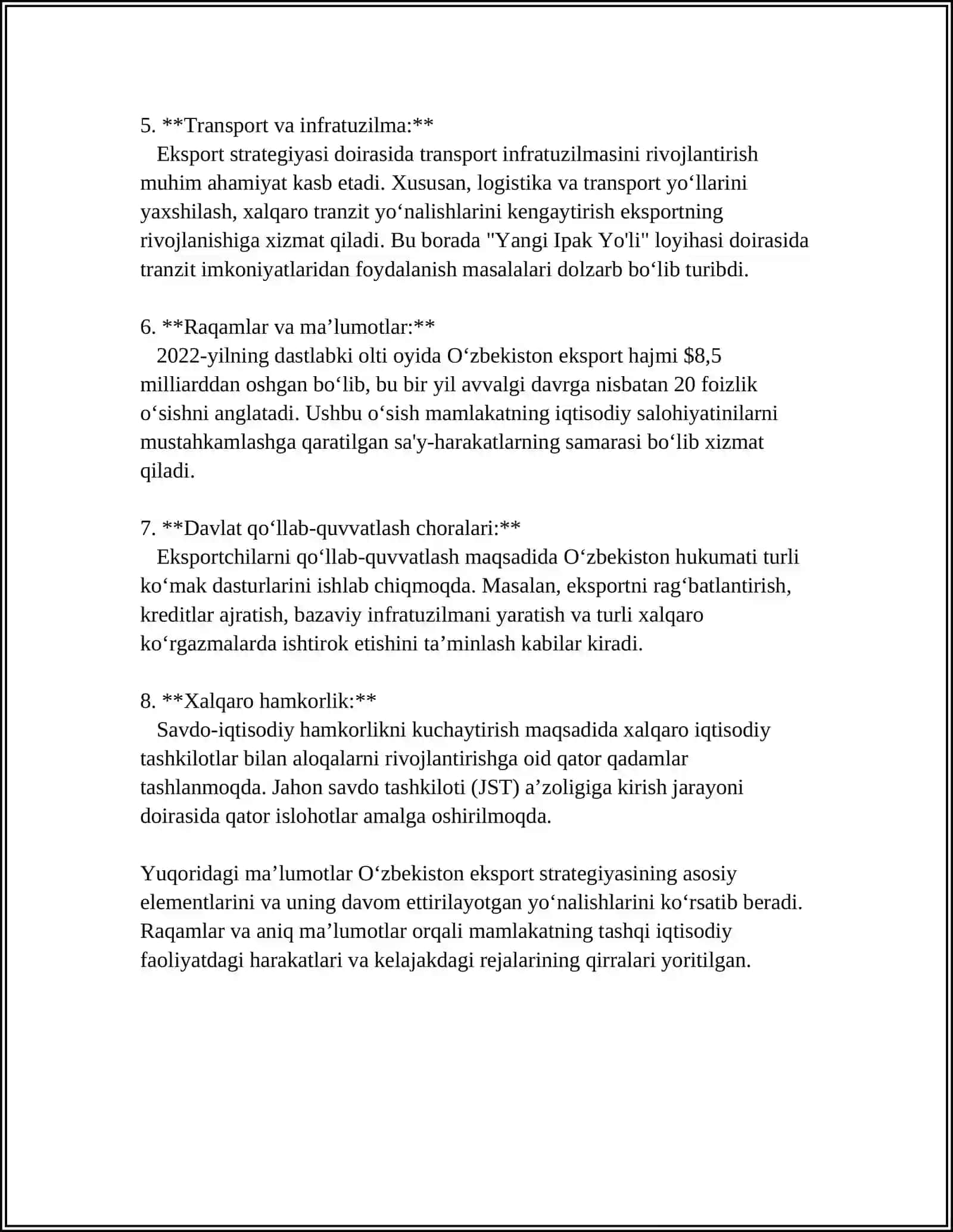 O'ZBEKISTON TASHQI SAVDO SIYOSATINING USTUVOR YO'NALISHLARI 4