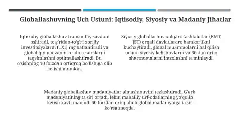 Globallashuv, globalizm va barqaror rivojlanishning ustuvor yo’nalishlari 4