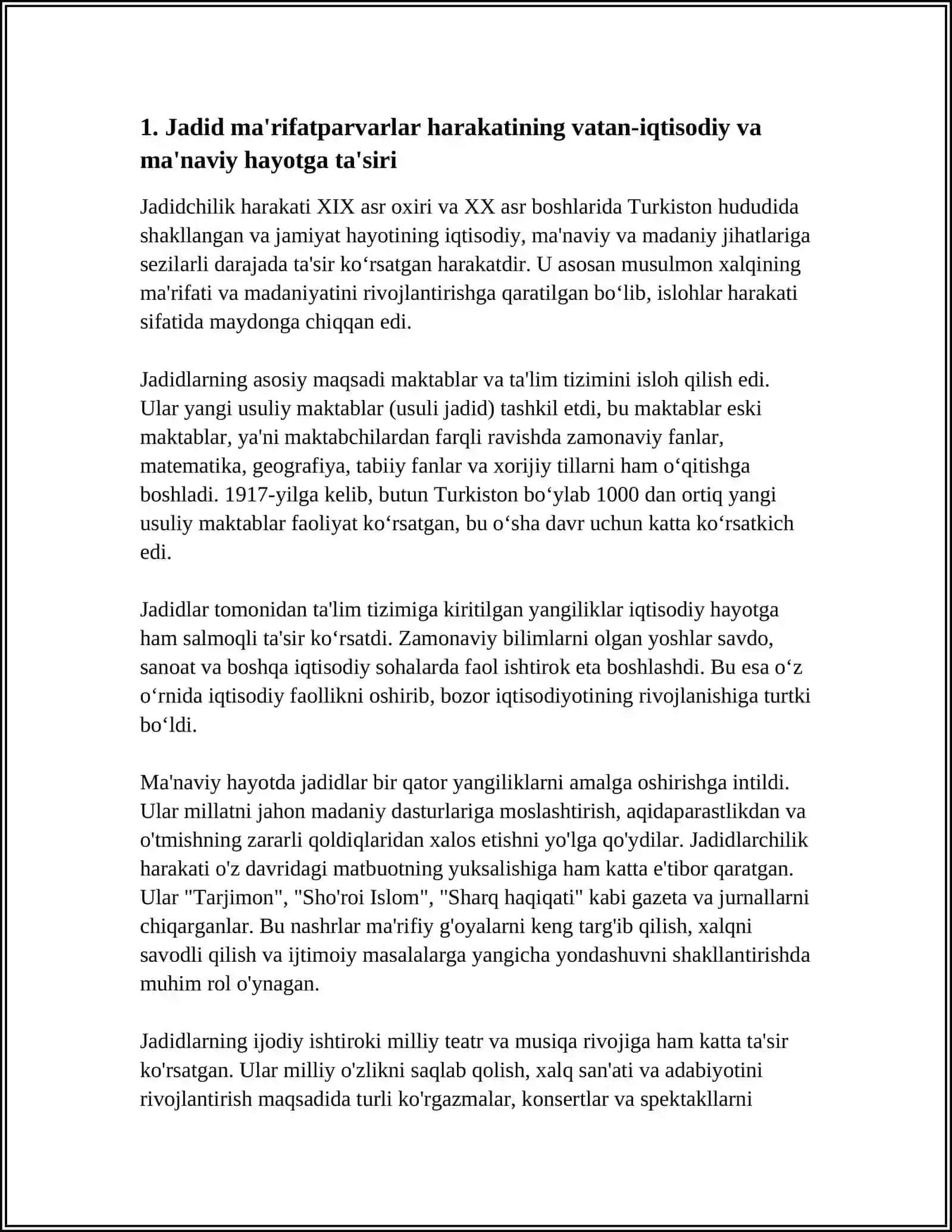 JADID MA'RIFATPARVARLARNING O'LKA - IJTIMOIY MA'NAVIY HAYOTDA TUTGAN O'RNI (MUNAVVARQORI, FITRAT, BEHBUDIY, AVLONIY VA BOSHQALAR) 4