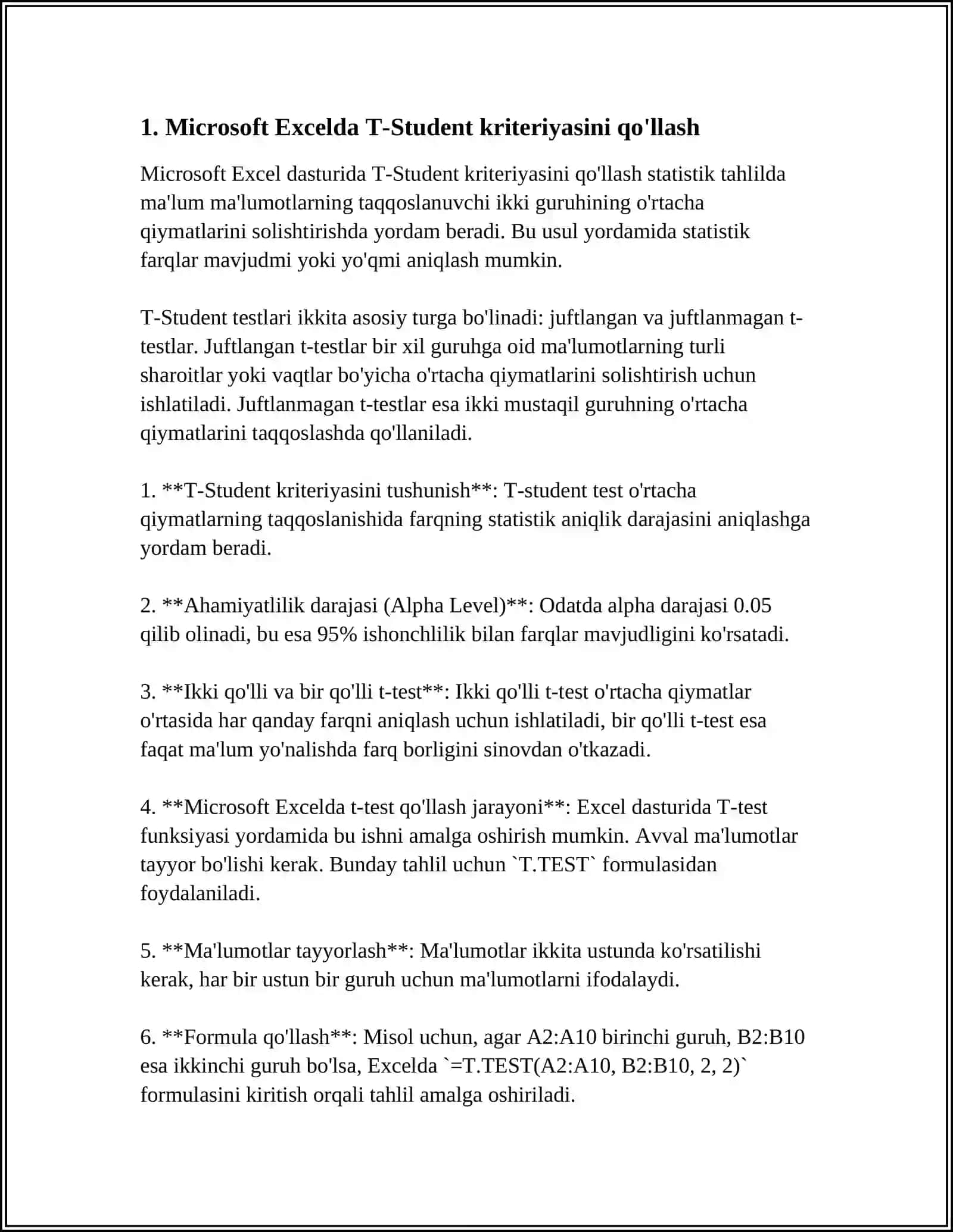 MICROSOFT EXCEL ELEKTRON JADVAL MUXARRIRI YORDAMIDA T-STYUDENT (F-FISHER) KRITERIYSI 4