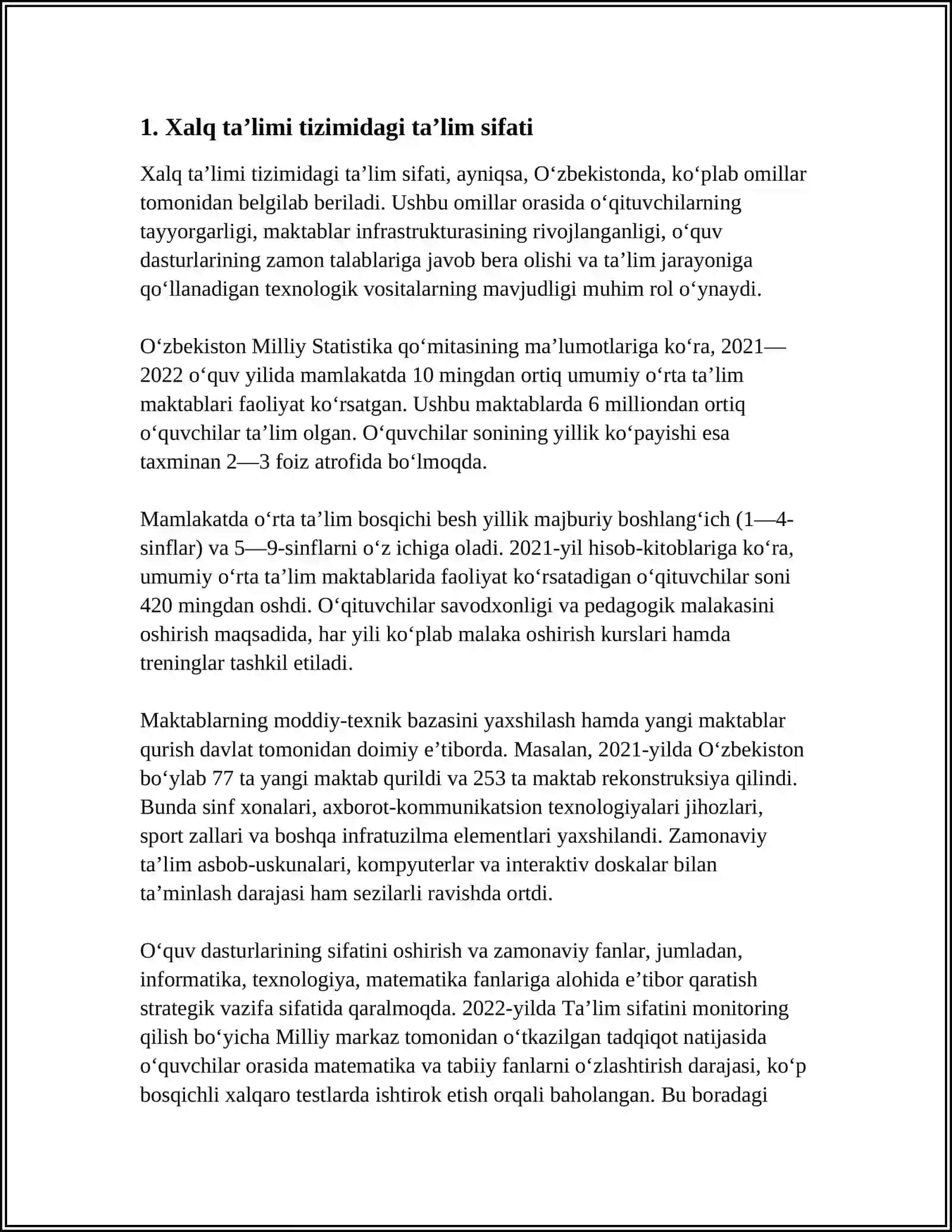 O'ZBEKISTON RESPUBLIKASI VAZIRLAR MAHKAMASINING 2018 YIL 8 DEKABRDAGI "XALQ TA'LIMI TIZIMIDA TA'LIM SIFATINI BAHOLASH SOHASIDAGI XALQARO TADQIQOTLARNI TASHKIL ETISH CHORA-TADBIRLARI TO'G'RISIDA"GI 997- SON QARORINING MAZMUN VA MOHIYATI 4