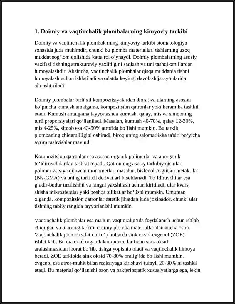 DOIMIY VA VAQTINCHALIK PLOMBALASH MATERIALLARI ORTASIDAGI TAQQOSLASH TAVSIFI 4