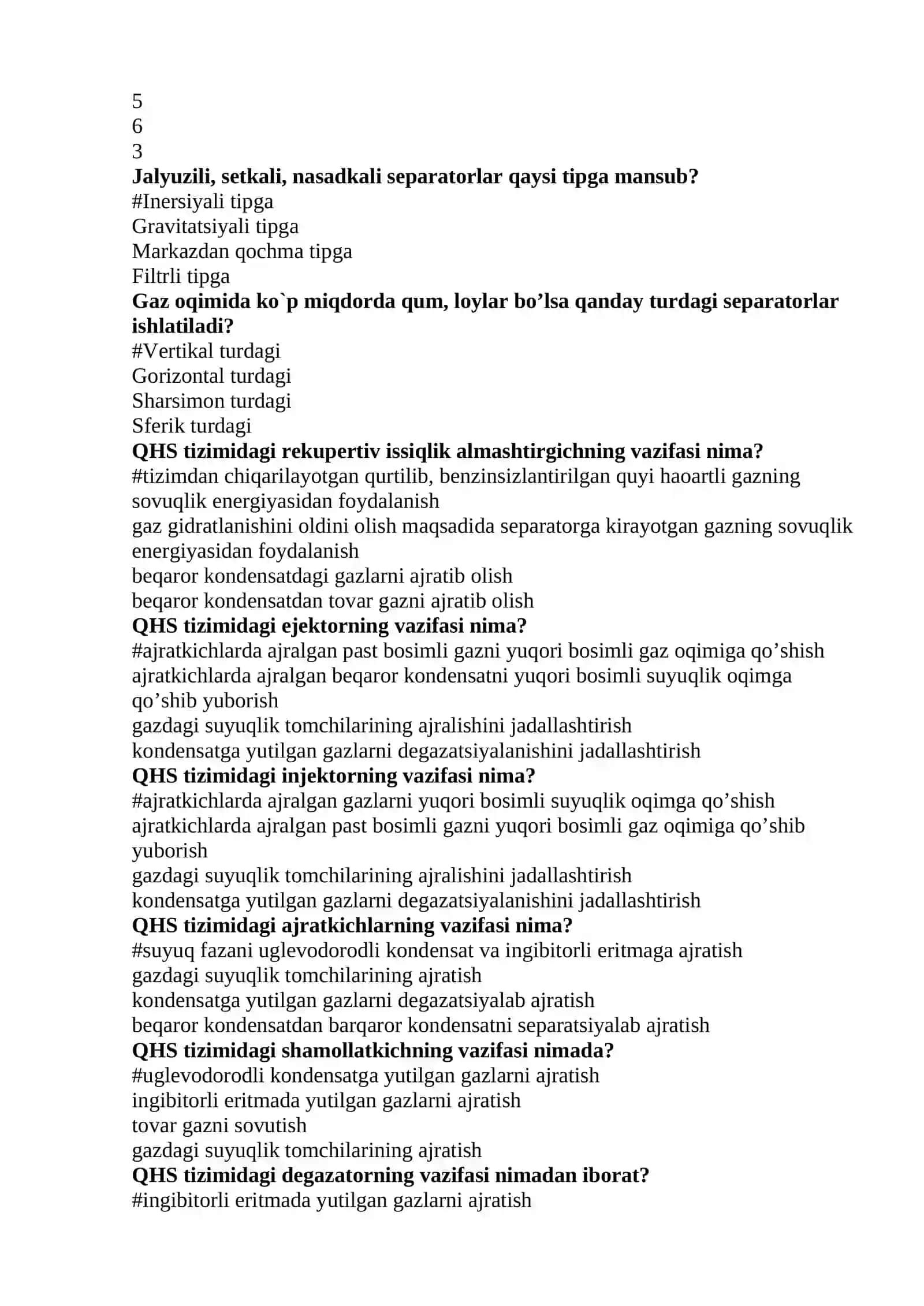 GAZNI QAYTA ISHLASH KIMYOSI  VA TEXNOLOGIYASI fanidan yakuniy testlar 4