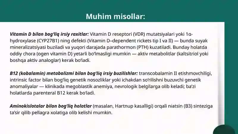 Nasliy avitaminozlar. Tabiiy va sun'iy vitaminlarni metabolizmi va ekskretsiyalanishi, Raxit va osteoporoz patogenezi va davolash usullari. 4