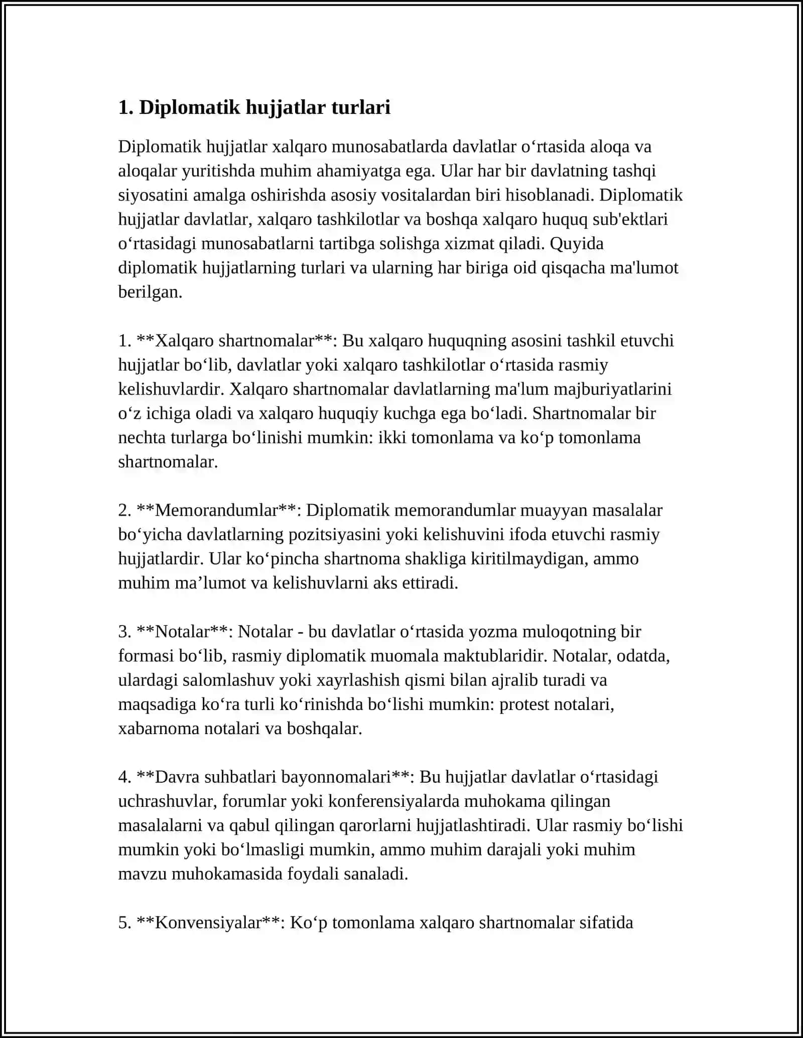 DIPLOMATIK HUJJATLAR: NOTA, BAYONOT, MEMORANDUM, QAYDNOMA (PROTOKOL), RASMIY XAT, ILOVA XAT 4
