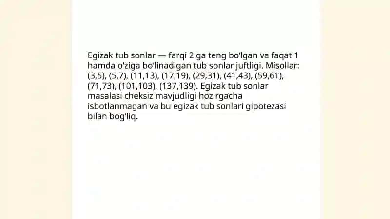 Mukammal sonlar Egizak tub sonlar 4