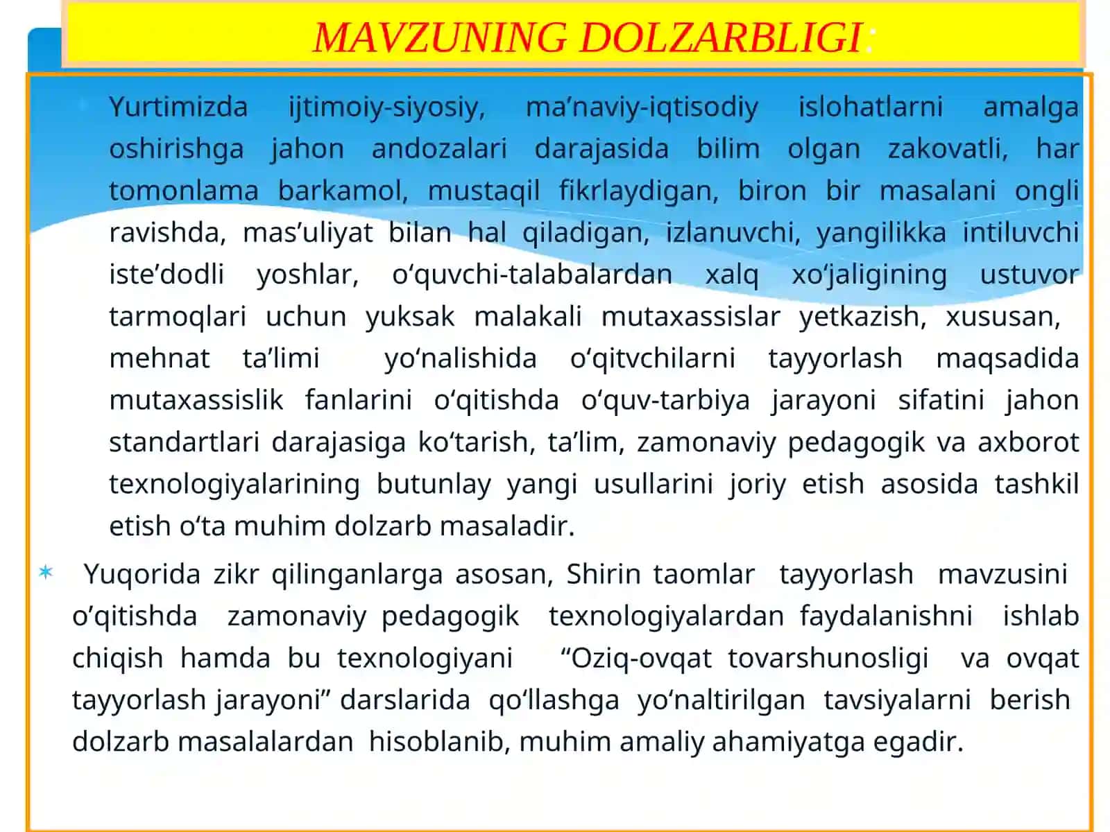 “ Shirin taomlar tayyorlash ”mavzusini o’qitishda zamonaviy pedagogik texnologiyalardan foydalanish ” 4