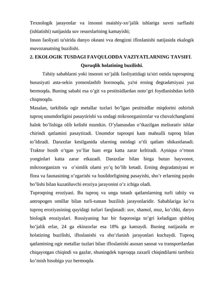 Ekologik tusdagi favqulodda vaziyatlar, ularning tasnifi va tavsifi 4