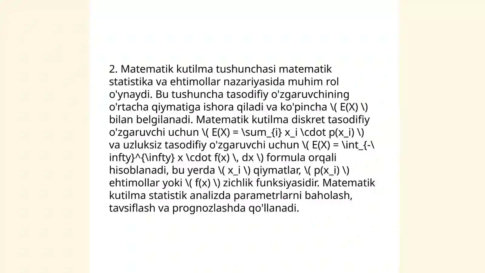 Tasodifiy miqdorning matematik kutilmasi, disperspyasi va ularning xossalari. Korrelyatsiya koeffitsenti va uning xossalari 4