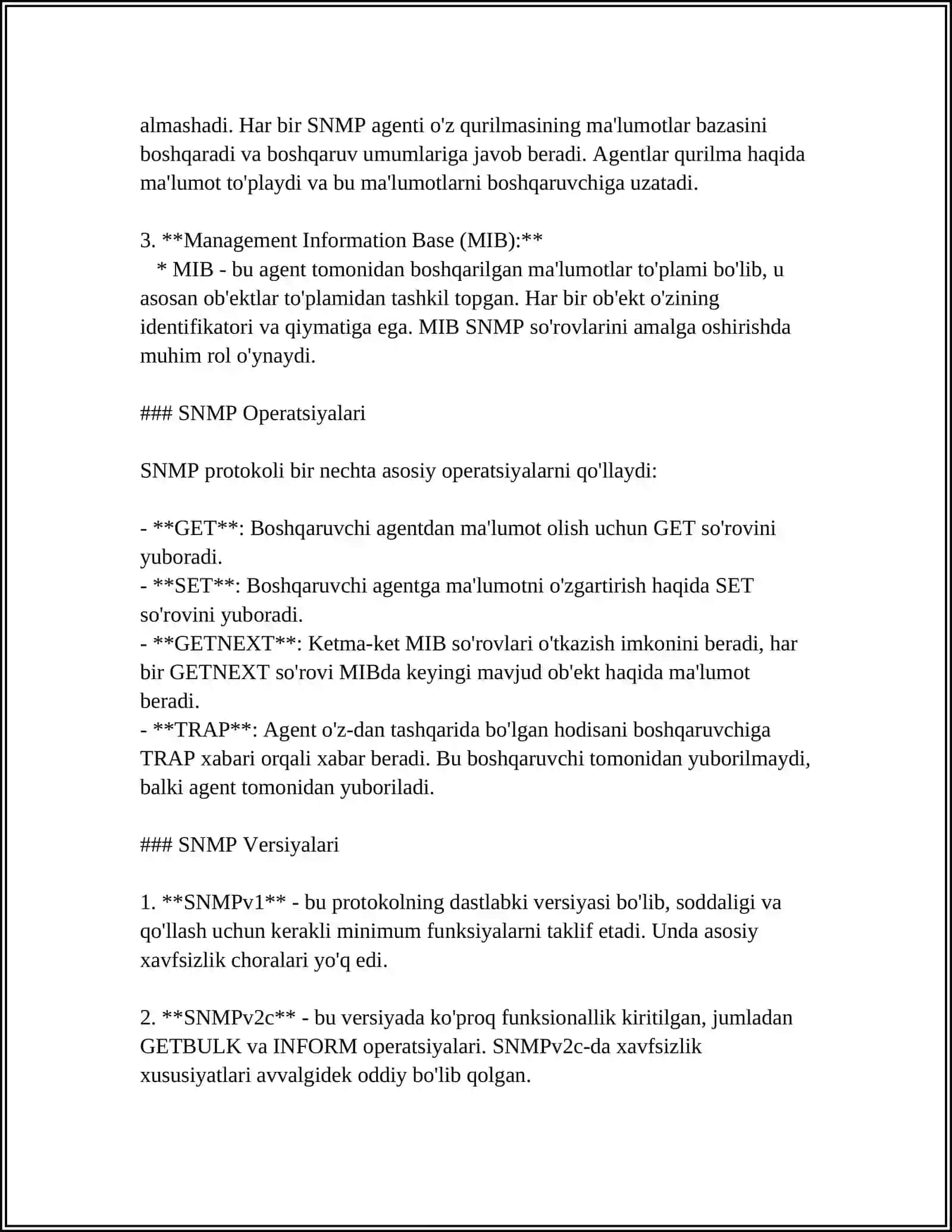 HUJJATLI TARMOQ BOSHQARUVI: SNMP VA BOSHQA TARMOQ BOSHQARUV PROTOKOLLARI 4