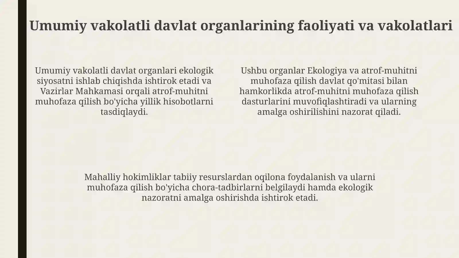 Ekologiya sohasida umumiy va maxsus vakolatli davlat organlari faoliyati va vakolatlari 4