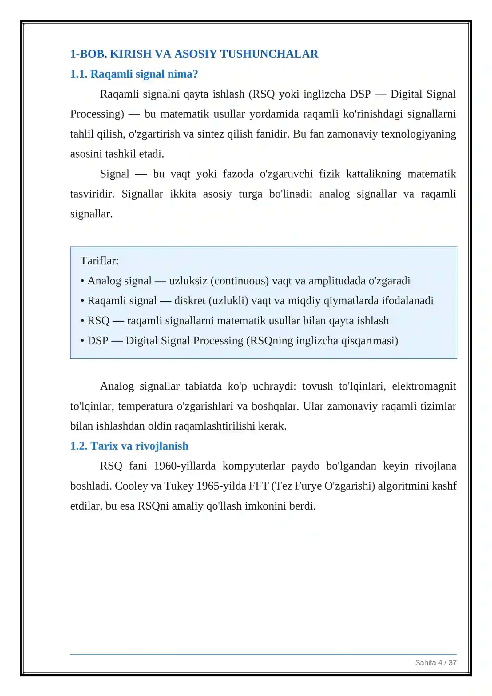 Raqamli signalni qayta ishlashning umumiy sxemasi va asosiy turlari 4