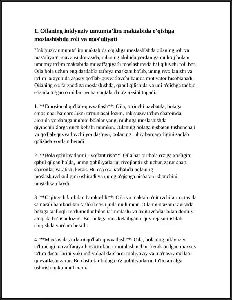 ALOHIDA YORDAMGA MUHTOJ BOLANI UMUM TALIM MAKTABI YOKI MAKTABGACHA TASHKILOTDA INKLYUZIV TALIM SHAROITIDA ÒQISHGA MOSLASHISHIDA OILA VA MAKTABNI ÒRNI 4