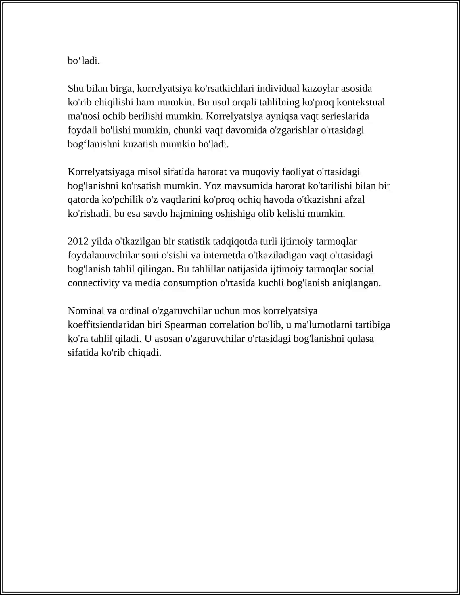 KORRELYATSIYA TUSHUNCHASI VA UNING PSIXOLOGIK TADQIQOTLARDA O‘RNI. SPIRMEN KORRELYATSIYASI 4