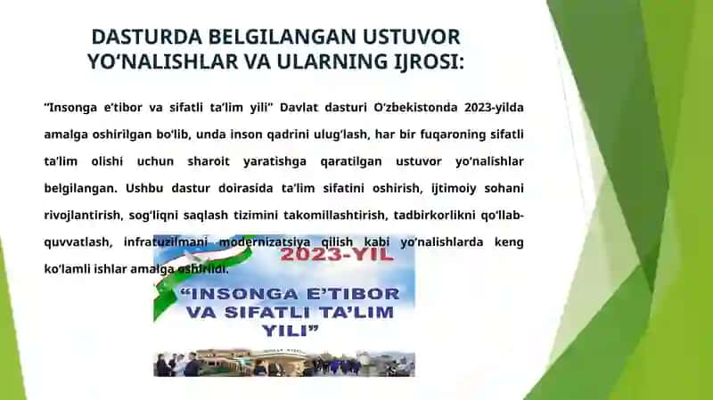 "INSONGA EʼTIBOR VA SIFATLI TAʼLIM YILI" DAVLAT DASTURIDA BELGILANGAN USTUVOR YOʼNALISHLAR VA ULARNI IJROSI 4
