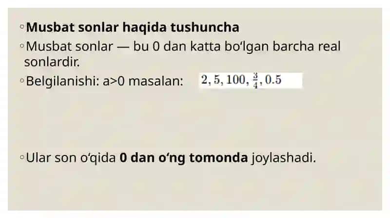 Musbat sonlar ustida to'rt amalga doir misollar.Kasr haqida  tushuncha va ular ustida amallar. 4