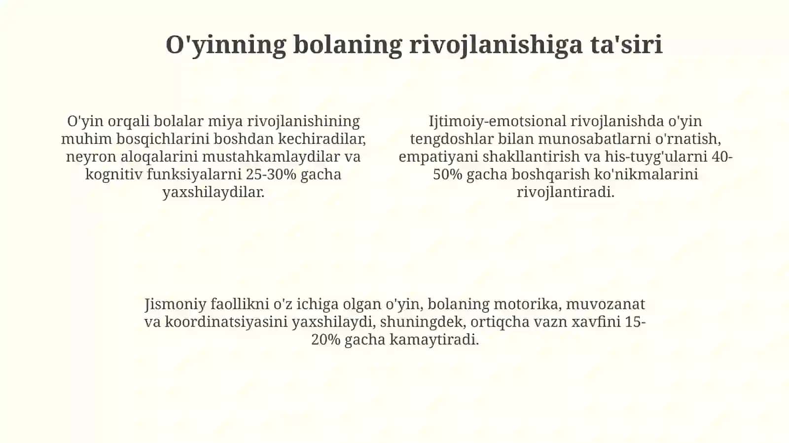 Oʻyin ilk va maktabgacha yoshgacha boʻlgan bolalar hayotida yetakchi faoliyat sifatida 4