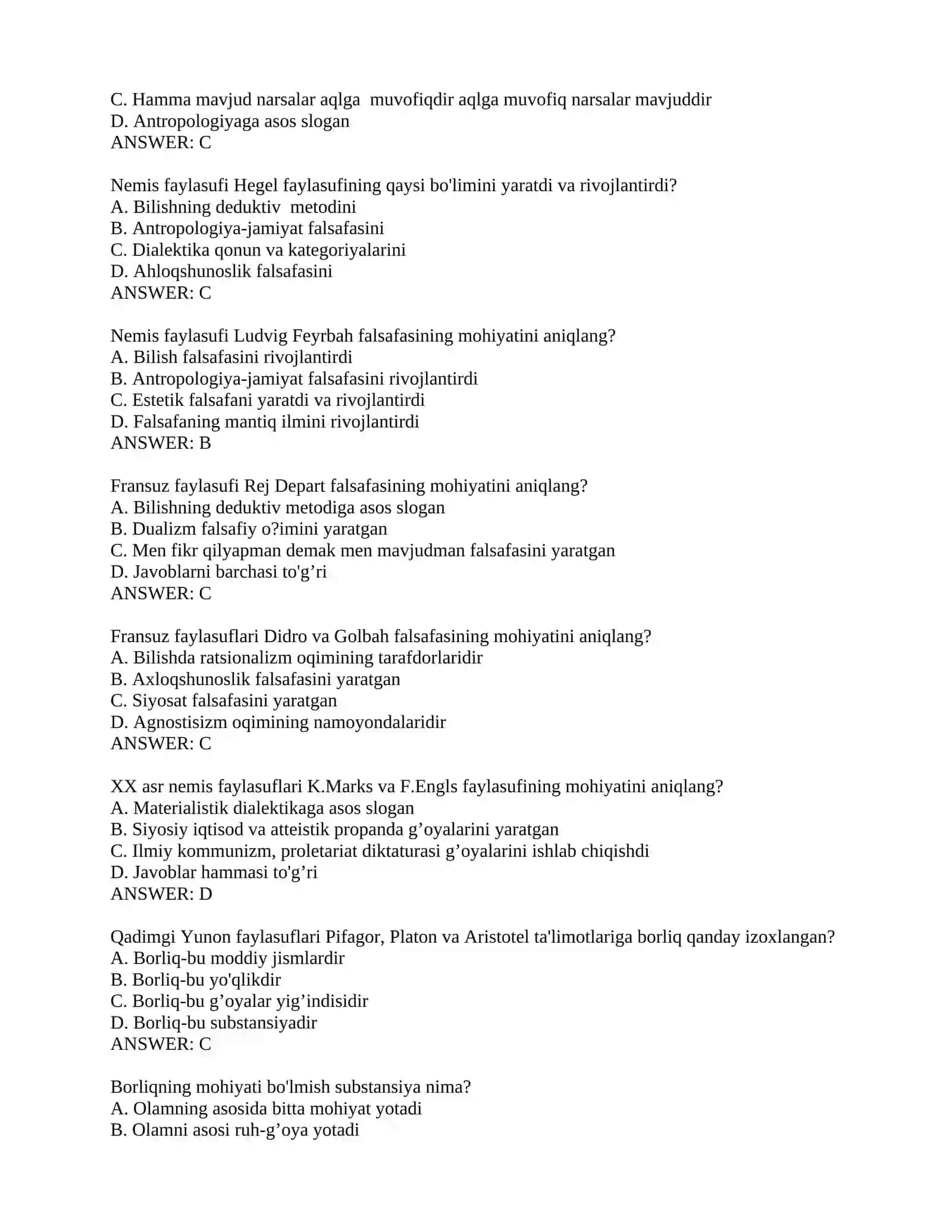 Falsafa fanidan yakuniy baholash uchun test savollari 4