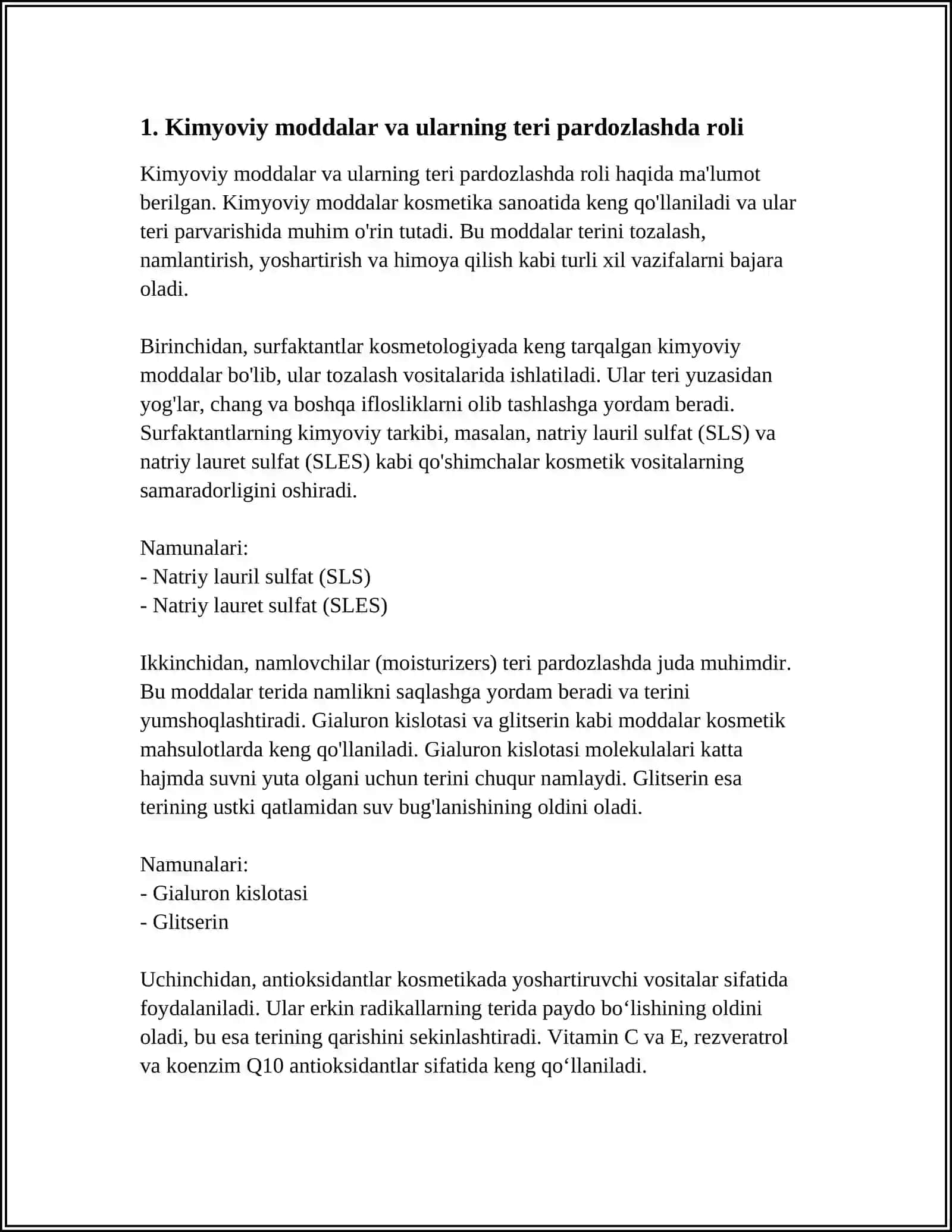 MATOLARLARNIG KIMYOVI PARDOZLASH, TERI VA MO'YNAGA ISHLOV BERISH JARAYONLARIDA NOARGANIK MODALARNING QO'LLANILISH 4