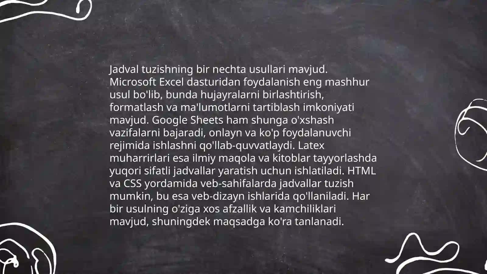 Jadval turlari haqida qisqacha ma'lumot 4