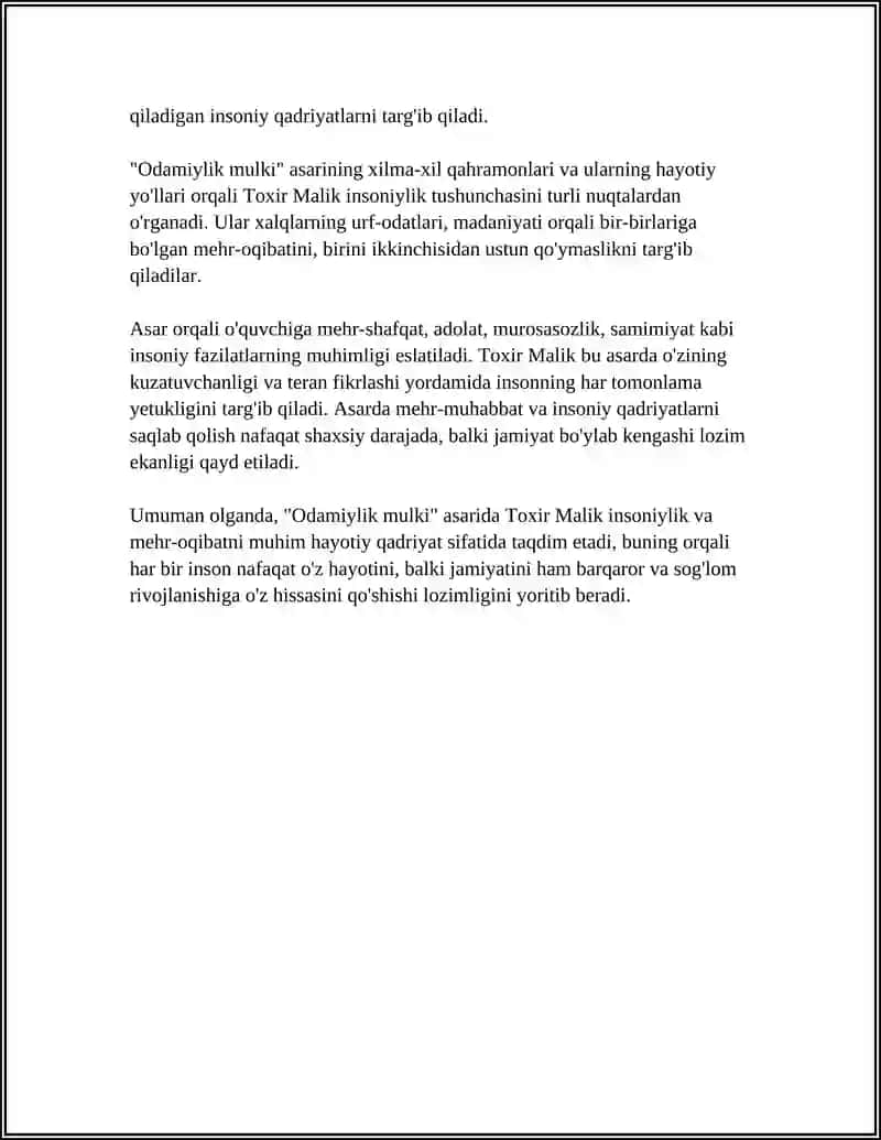 TOXIR MALIKNING ODAMIYLIK MULKI ASARI HAQIDA ESSE 4