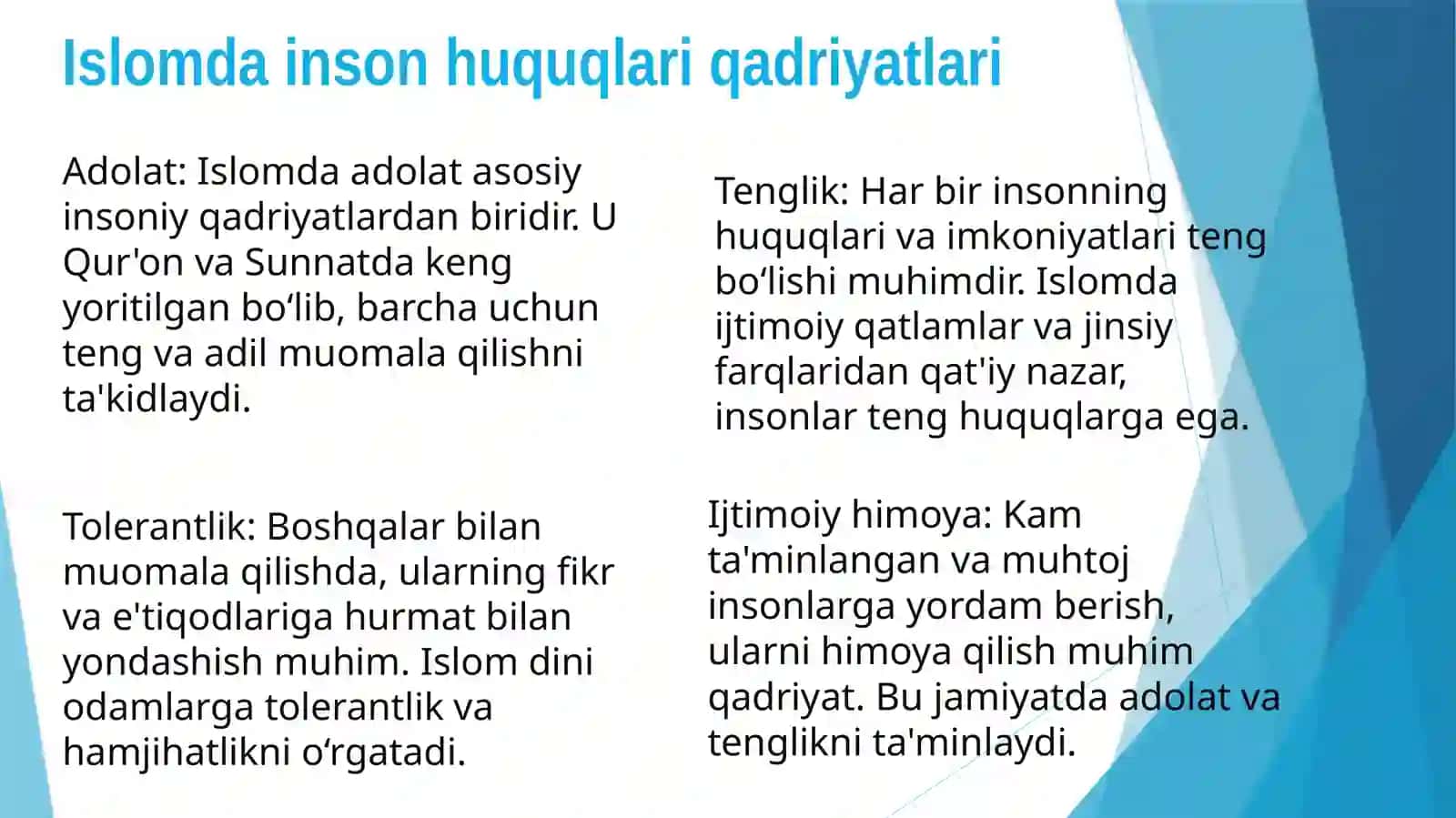 Islomda inson huquqlari himoyasi,ijtimoiy tenglik, adolat va tolerantlik 4