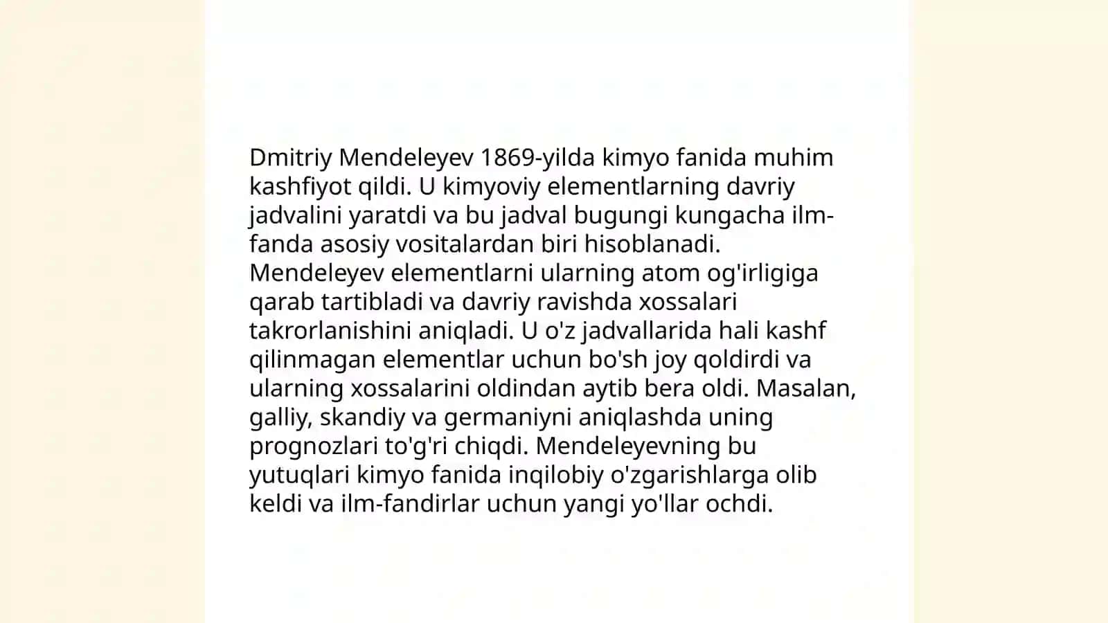 Davriy qonun va davriy sistema, hamda uning ahamiyati. Atomlarning davriy va davriy bo'lmagan xossalari Abdumajitova Mohira 4