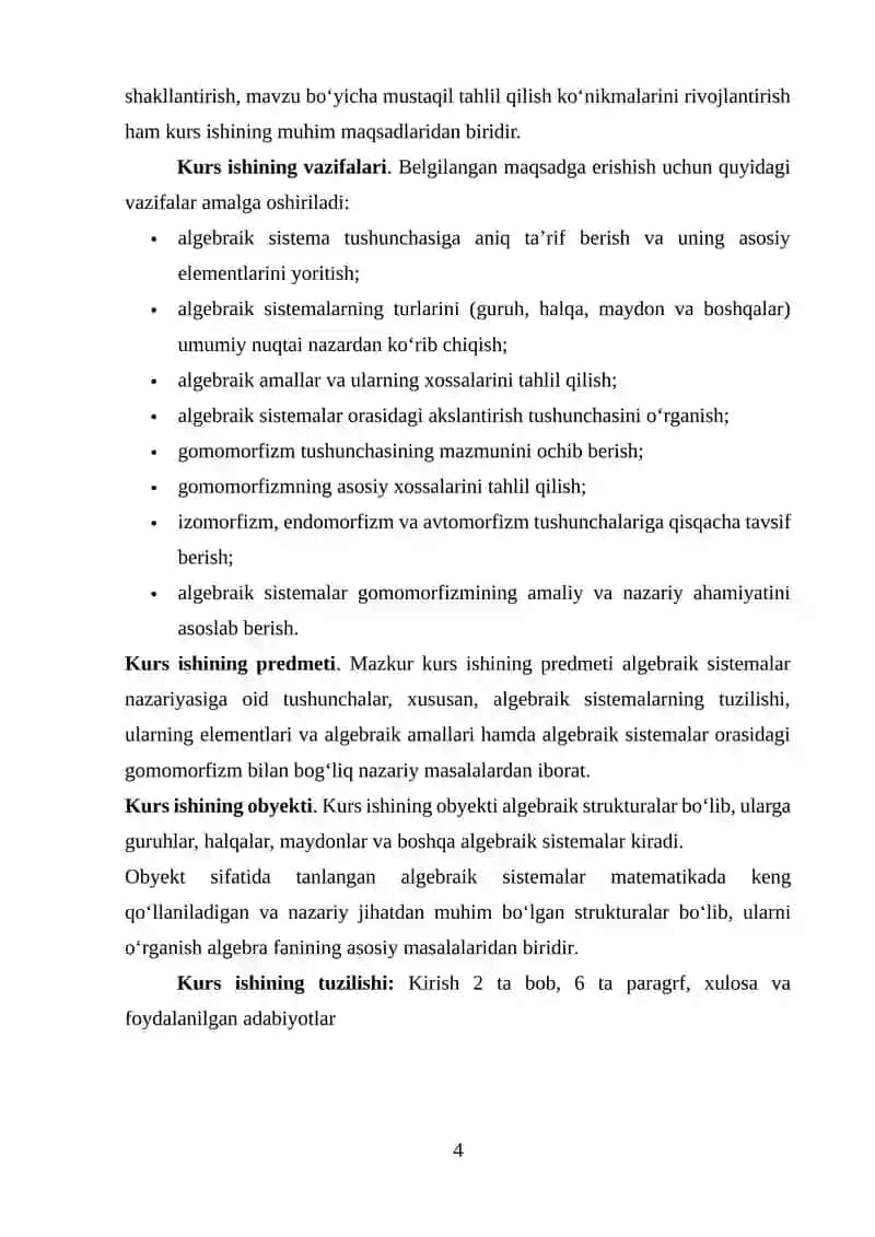 Algebraik sistemalar. Algebraik sistemalarning gomomorfizimi 4