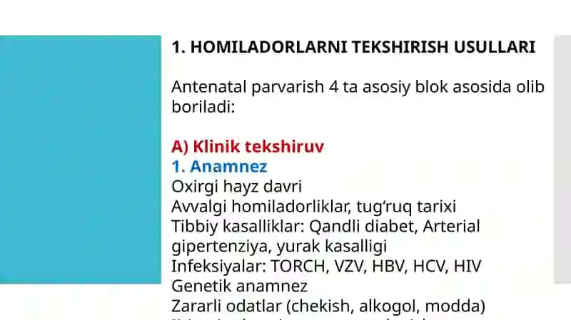 Perinatal yordam asoslari Antenatal parvarish. Homiladorlarni tekshirish usullari Homiladorlikning e 4
