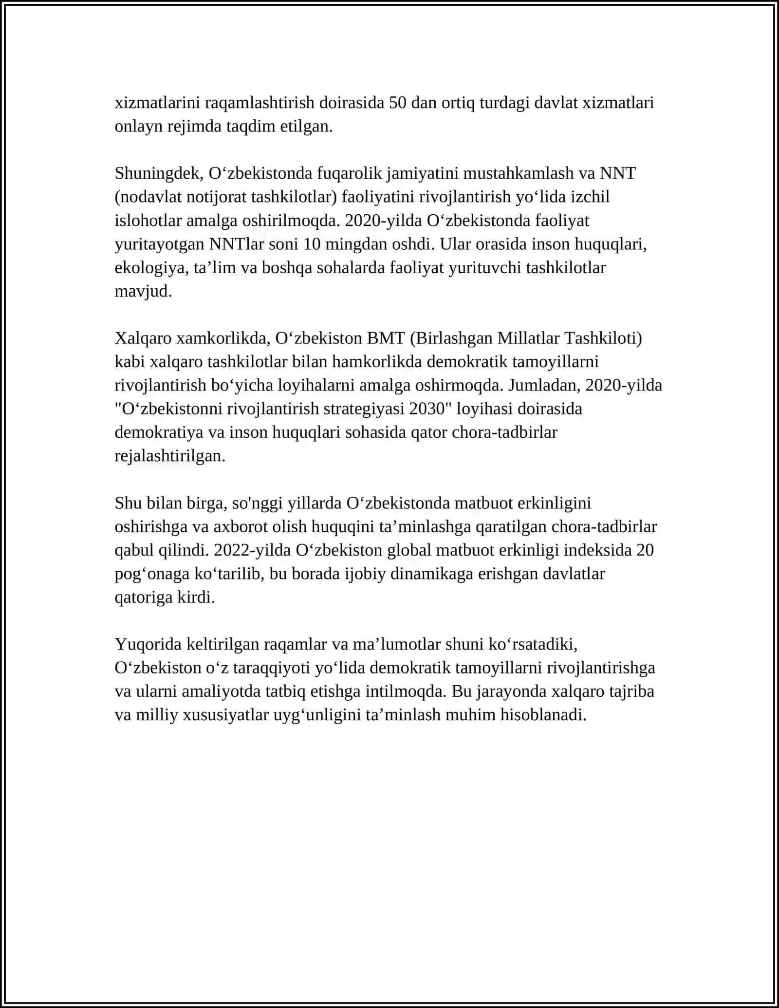 MUSTAQIL ISH Mavzu: O`ZBEKISTONDA DEMOKRATIK, FUQAROLIK JAMIYATI ASOSLARINING SHAKKILLANISHI, AMALGA OSHIRILGAN SIYOSIY JARAYONLAR 4