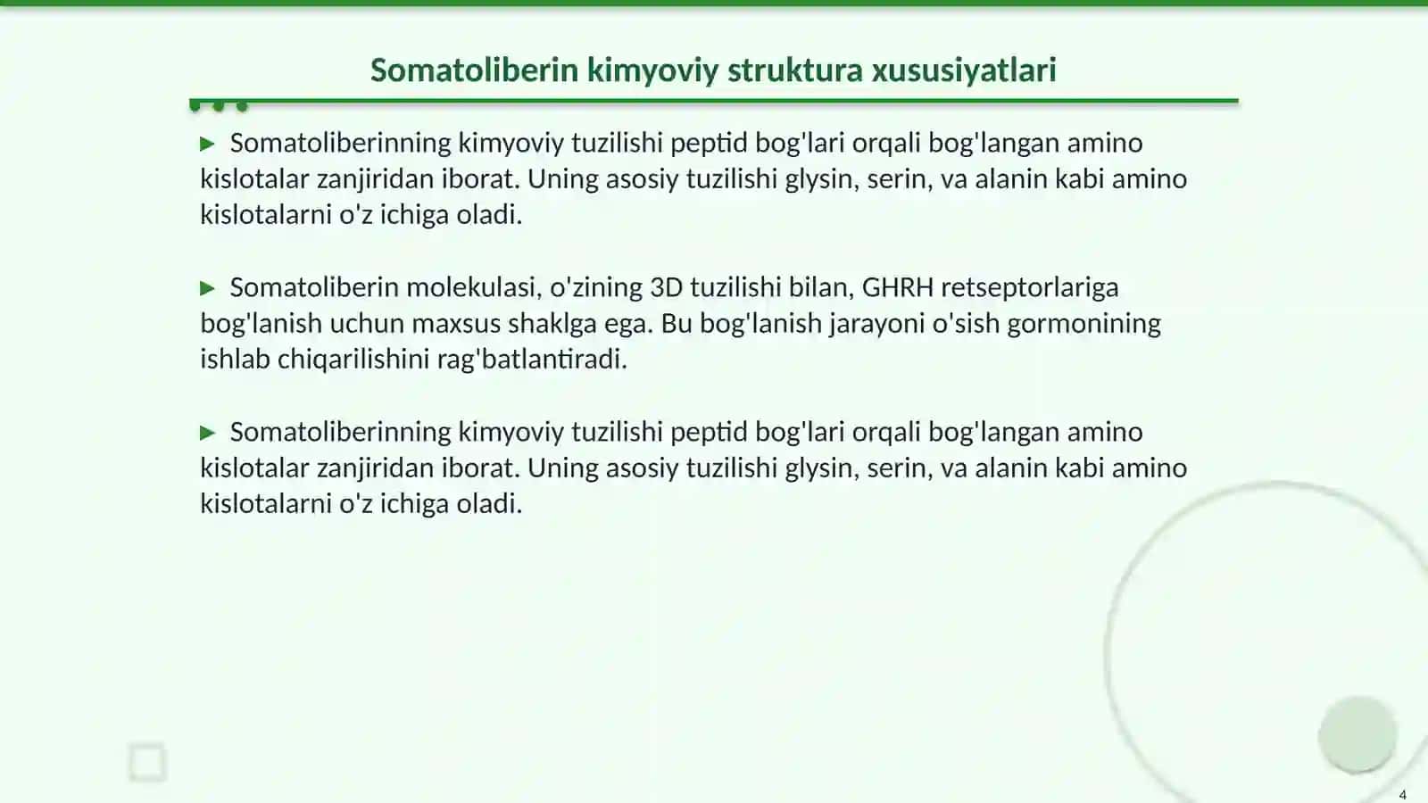Somatoliberin tuzilishi, uning sintezi va tasiri 4