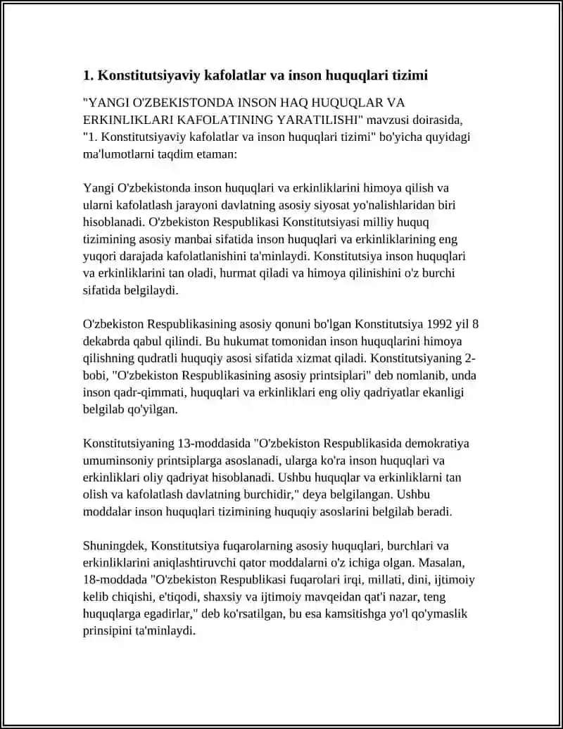 YANGI O'ZBEKISTONDA INSON HAQ HUQUQLAR VA ERKINLIKLARI KAFOLATINING YARATILISHI 4