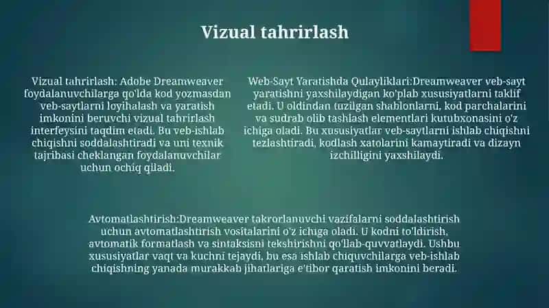 Adobe Dreamweaver Dasturining Qulayliklari 4