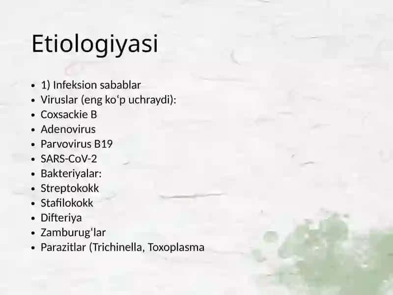 Miokardit va miokardiodistrofiyalarni  etiologiyasi, patogenezi va davolash  usullari. Miokardit va  miokardiodistrofiyalarni davolashda  qo‘llaniladigan dori vositalarning  farmakodinamikasi. 4