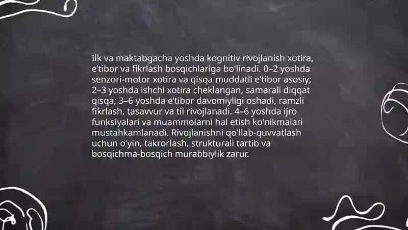 Ilk va maktabgacha yoshdagi bolalarning yoshiga doir pedagogik va psixologik xususiyatlari va ularning sogʻlom rivojlanishidagi ahamiyati. 4