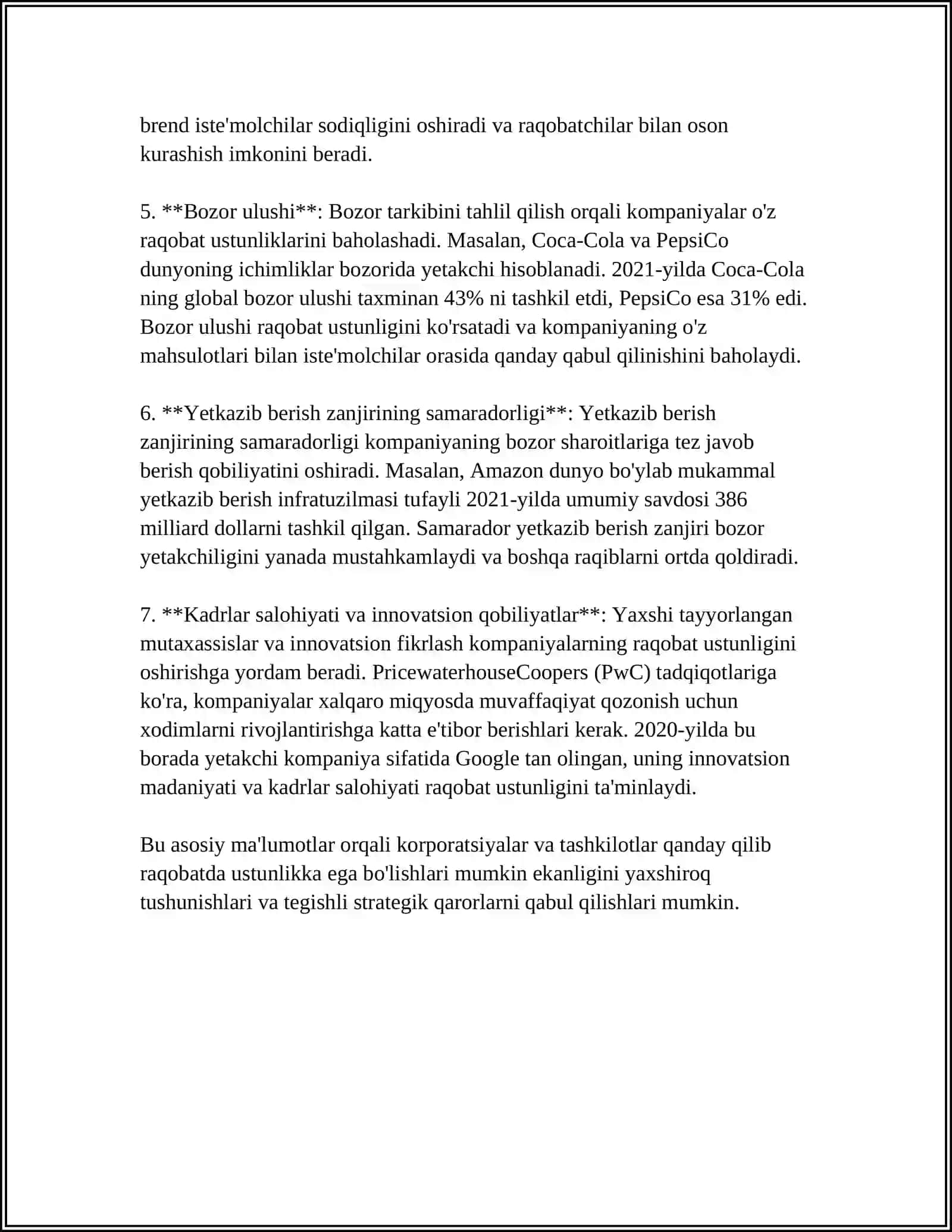 BIZNESDA RAQOBAT USTUNLIGINI TA’MINLASH BIZNESDA RAQOBATBARDOSHLIKNI BAHOLASH USLUBLLARI 4