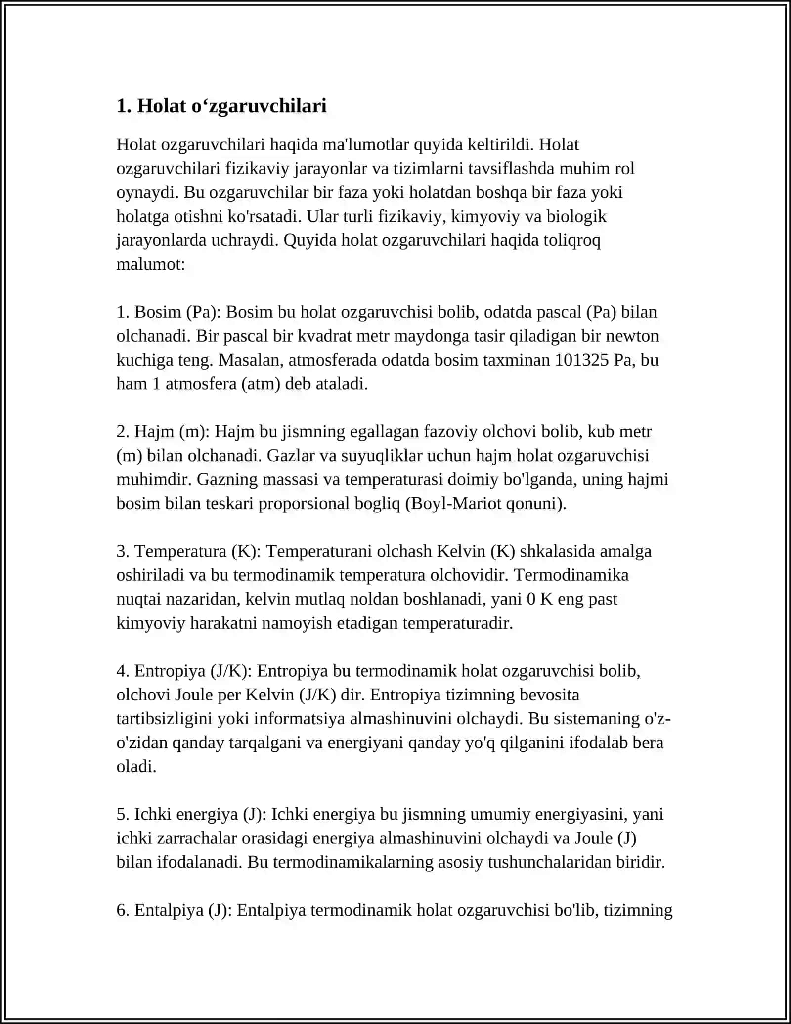 KOʻPGINA TERMODINAMIK XUSUSIYATLAR TERMODINAMIK MUVOZANAT HOLATINI ANIQLAYDIGAN FIZIK OʻZGARUVCHILAR 4