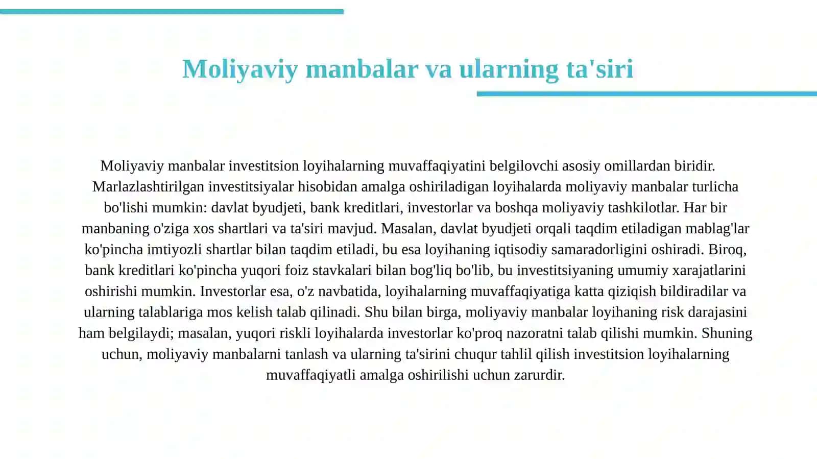 Markazlashtirilgan investitsiyalar hisobidan amalga oshiriladigon investitsion loyihalarning hususiyatlari 4