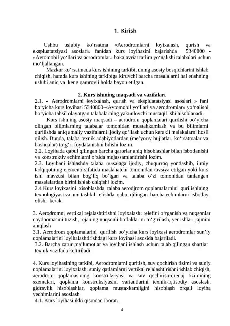 AERODROMLARNI LOYIXALASH, QURISH VA EKSPLUATATSIYASI fanidan 4