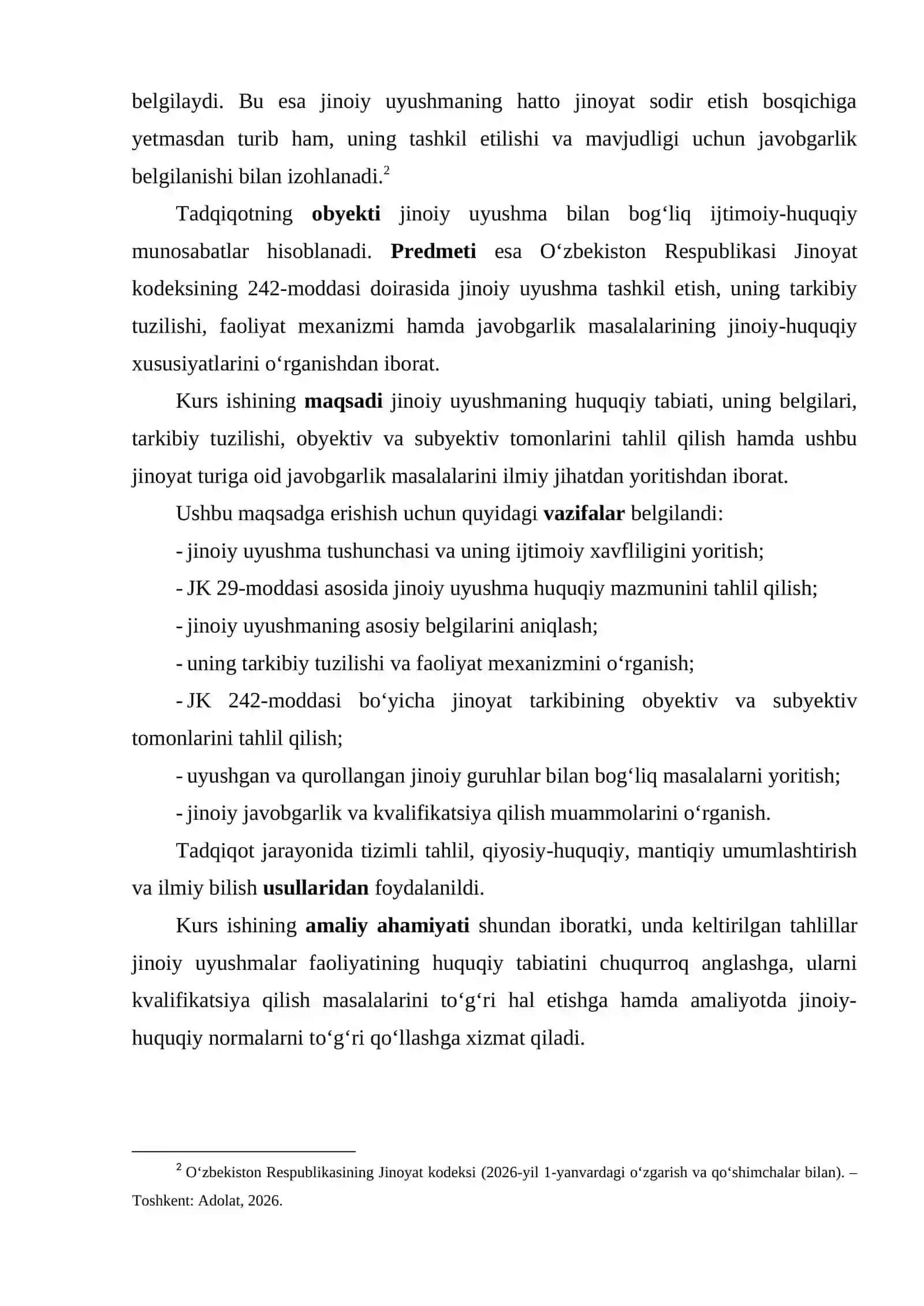 O‘zbekistonda jinoiy uyushmalar tashkil etishning jinoiy huquqiy xususiyatlari 26 4