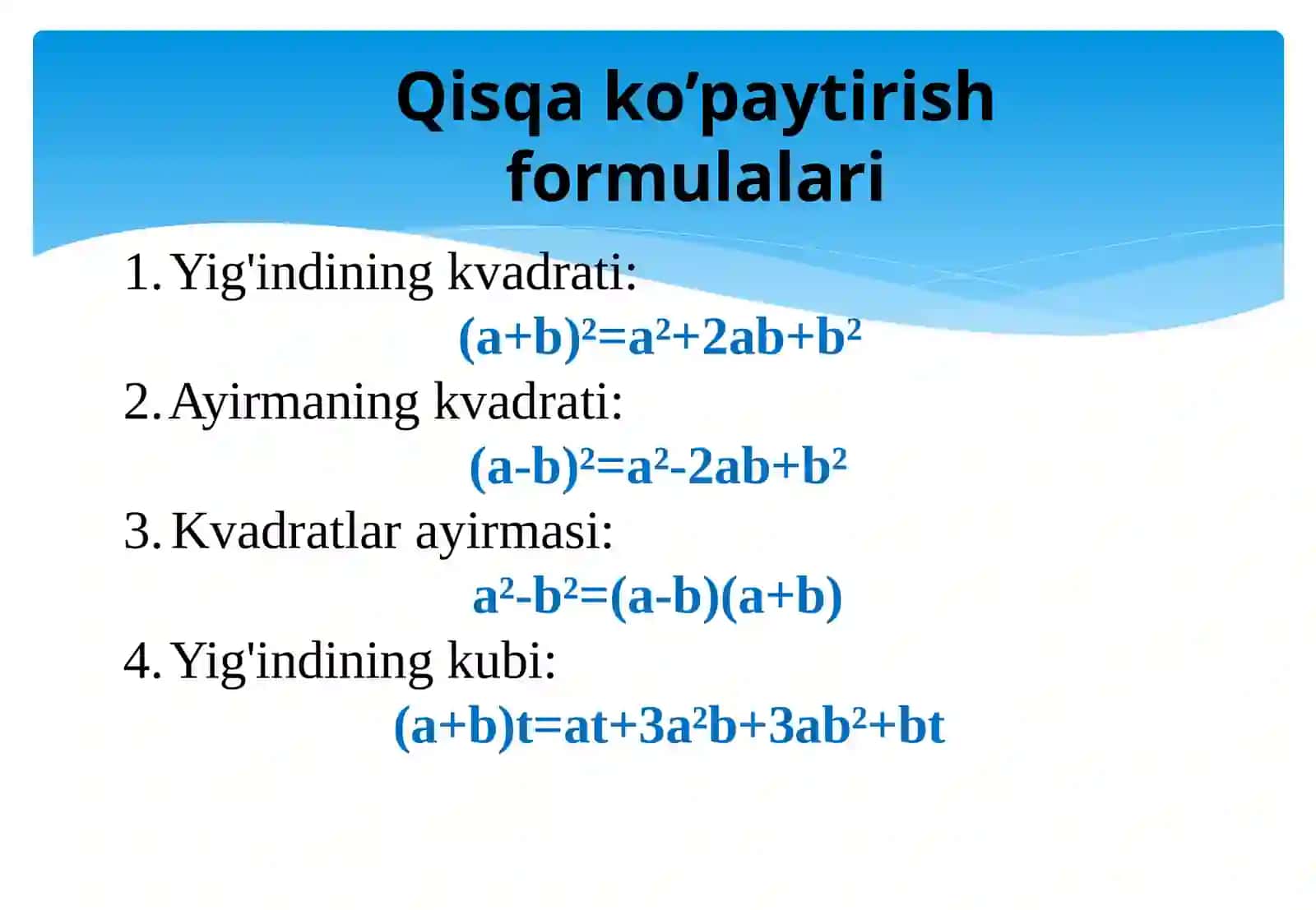 Qisqa ko'paytirish formulalari 4